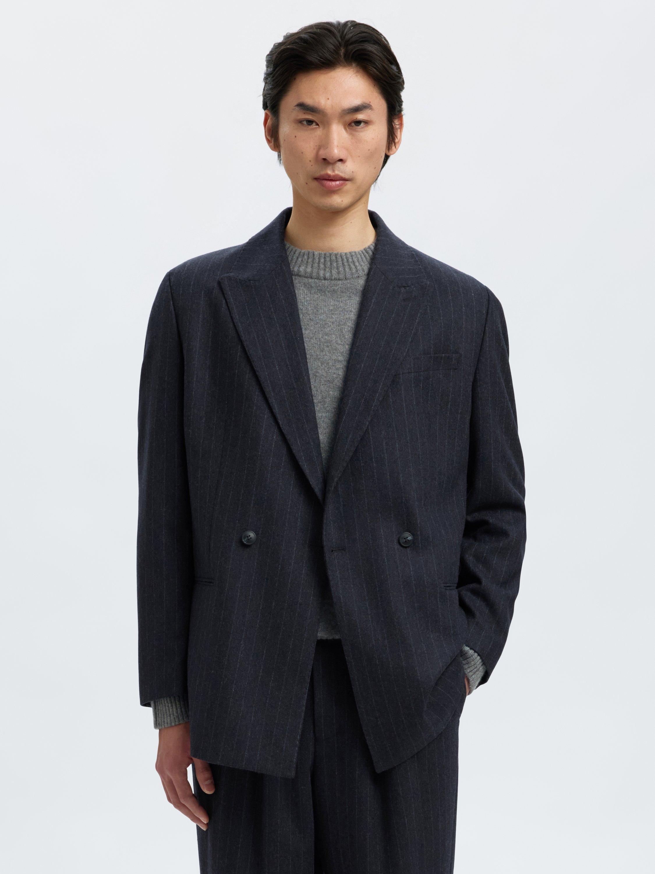 Product image 1 of 6, which shows Selected Anderson Tailored Fit Wool Blend Striped Double Breasted Suit Jacket, Dark Navy, 36R