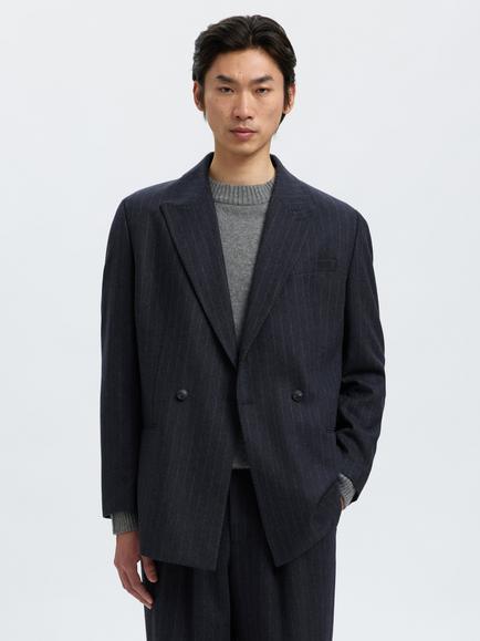 Selected Anderson Tailored Fit Wool Blend Striped Double Breasted Suit Jacket, Dark Navy, Dark Navy