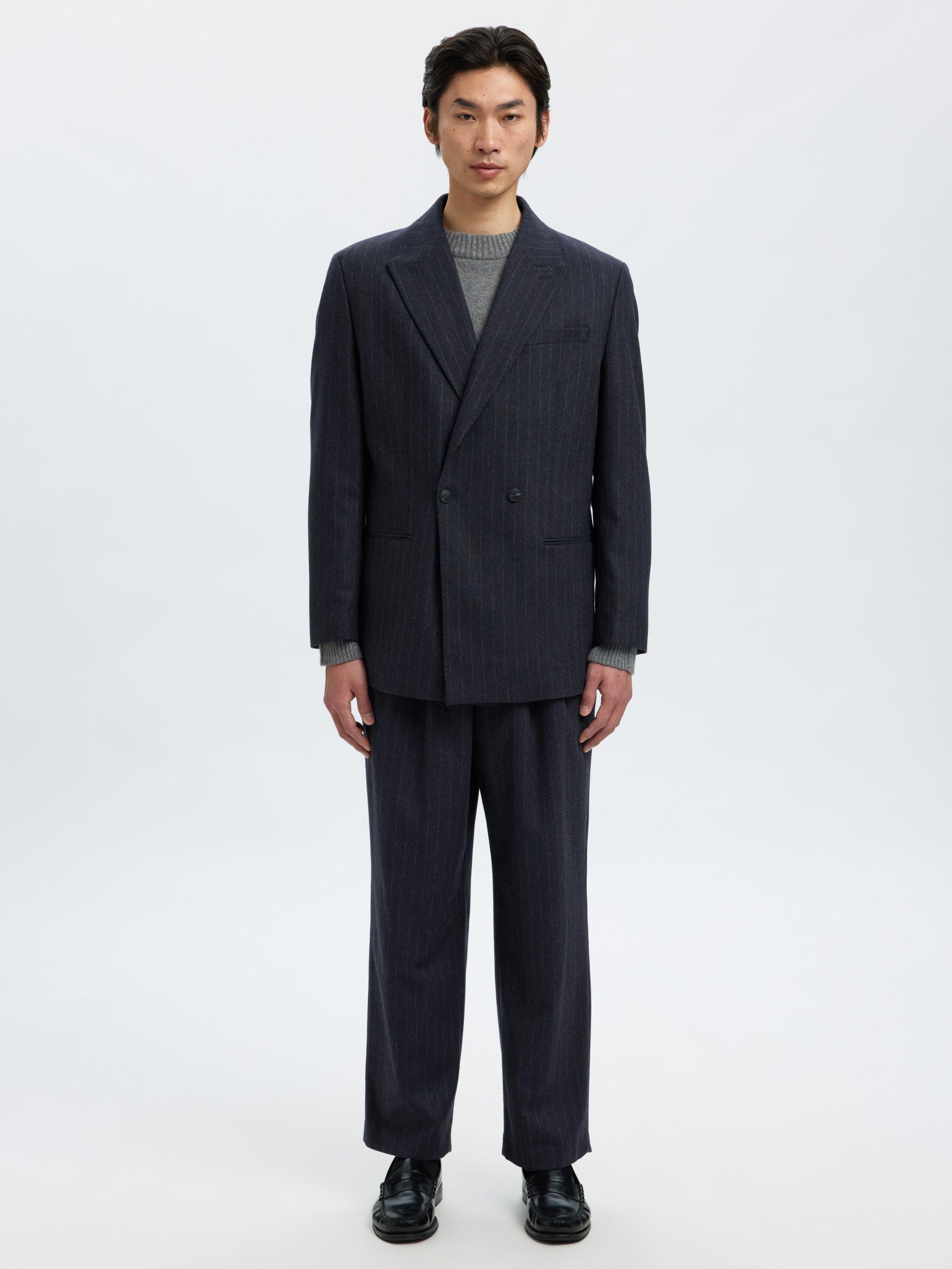 Product image 2 of 6, which shows Selected Anderson Tailored Fit Wool Blend Striped Double Breasted Suit Jacket, Dark Navy, 36R