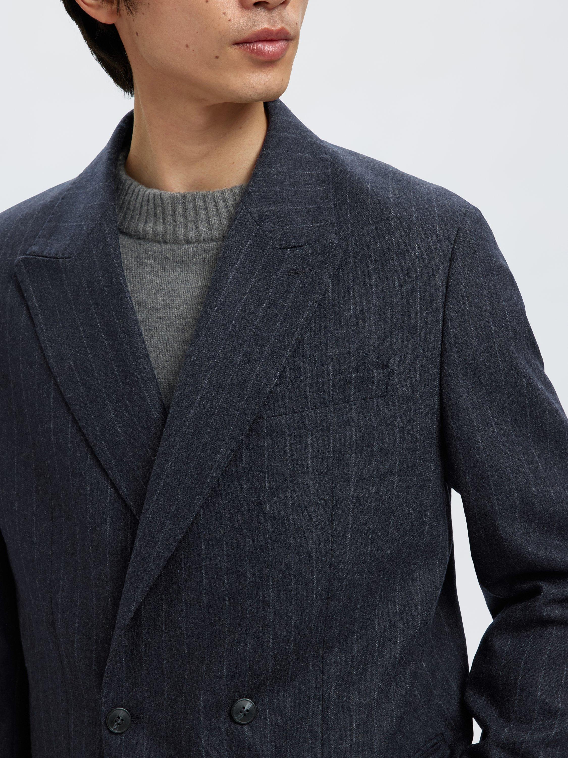 Product image 3 of 6, which shows Selected Anderson Tailored Fit Wool Blend Striped Double Breasted Suit Jacket, Dark Navy, 36R