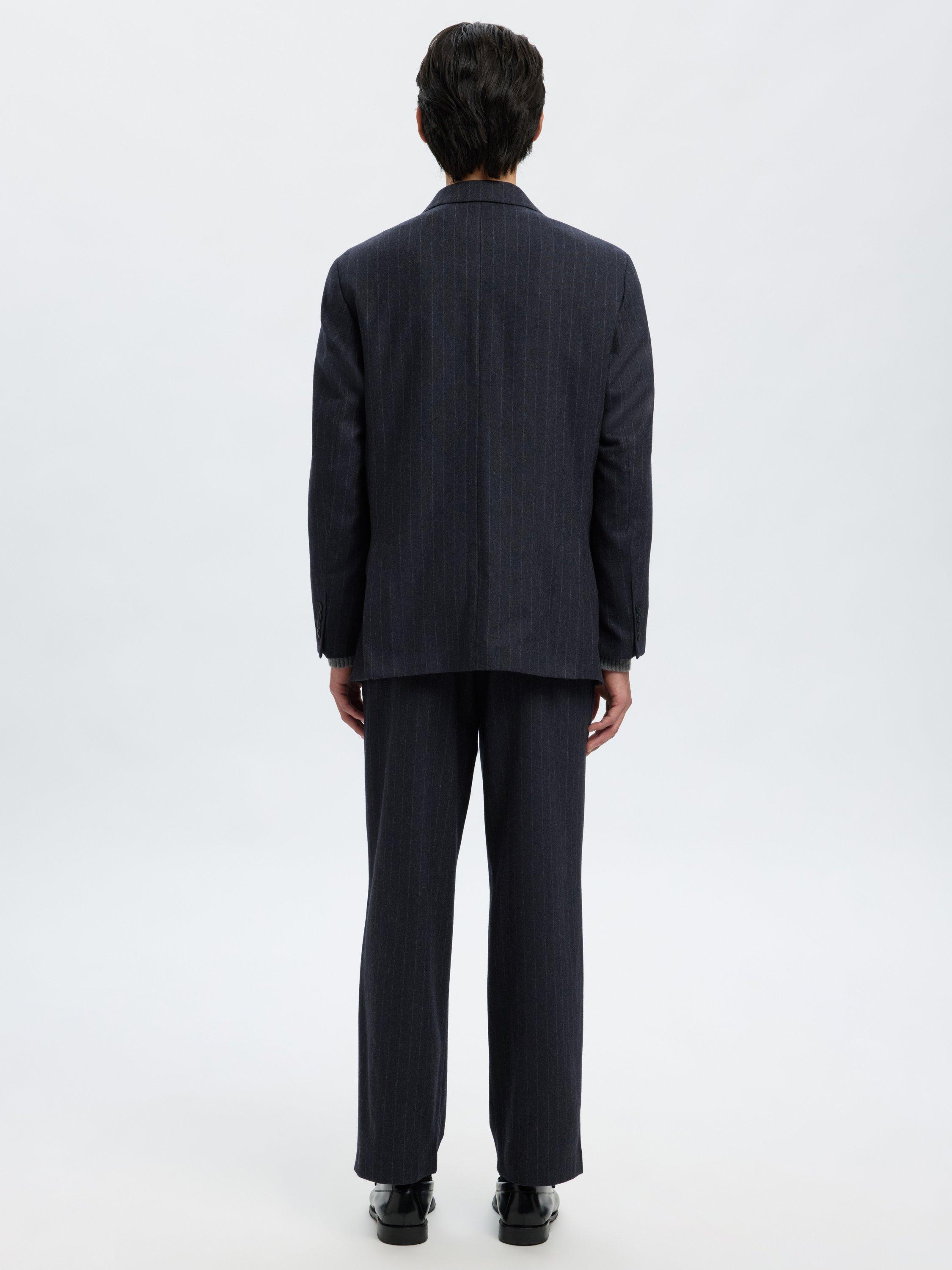 Product image 5 of 6, which shows Selected Anderson Tailored Fit Wool Blend Striped Double Breasted Suit Jacket, Dark Navy, 36R