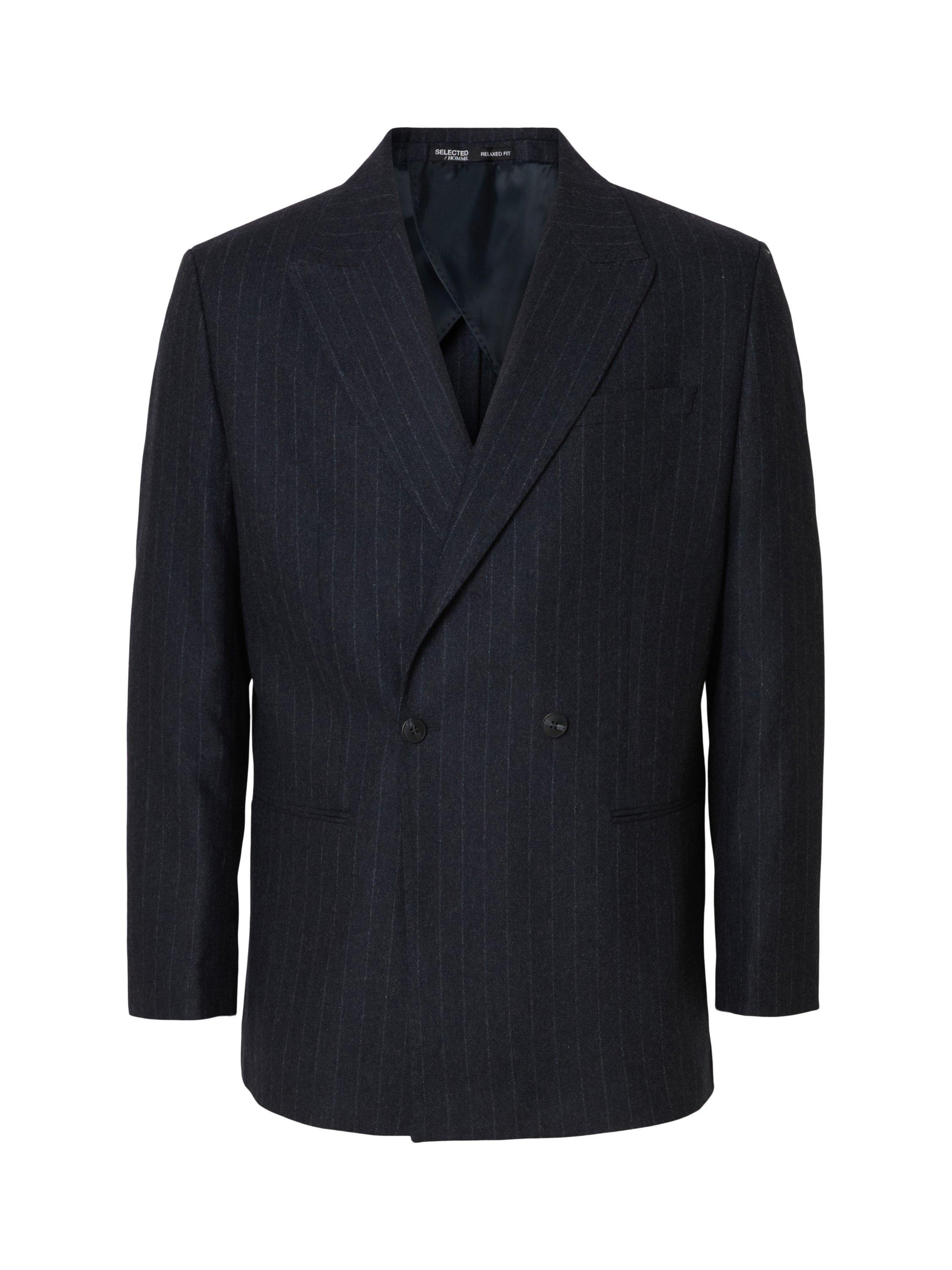 Product image 6 of 6, which shows Selected Anderson Tailored Fit Wool Blend Striped Double Breasted Suit Jacket, Dark Navy, 36R