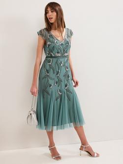 Phase Eight Evonne Cap Sleeve Beaded Midi Dress, Pale Green, Pale Green