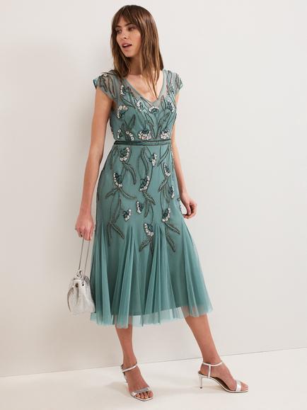 Phase Eight Evonne Cap Sleeve Beaded Midi Dress, Pale Green, Pale Green