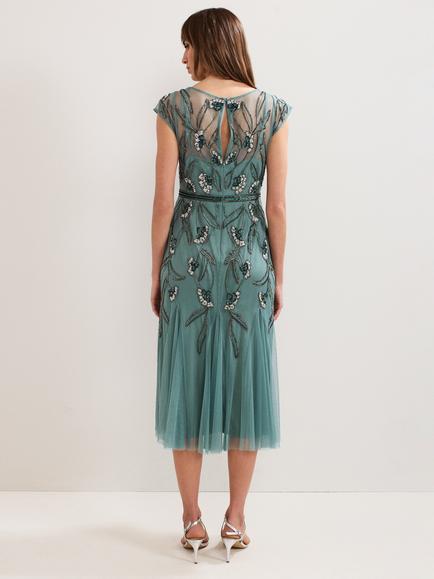 Phase Eight Evonne Cap Sleeve Beaded Midi Dress, Pale Green - view 2, Pale Green