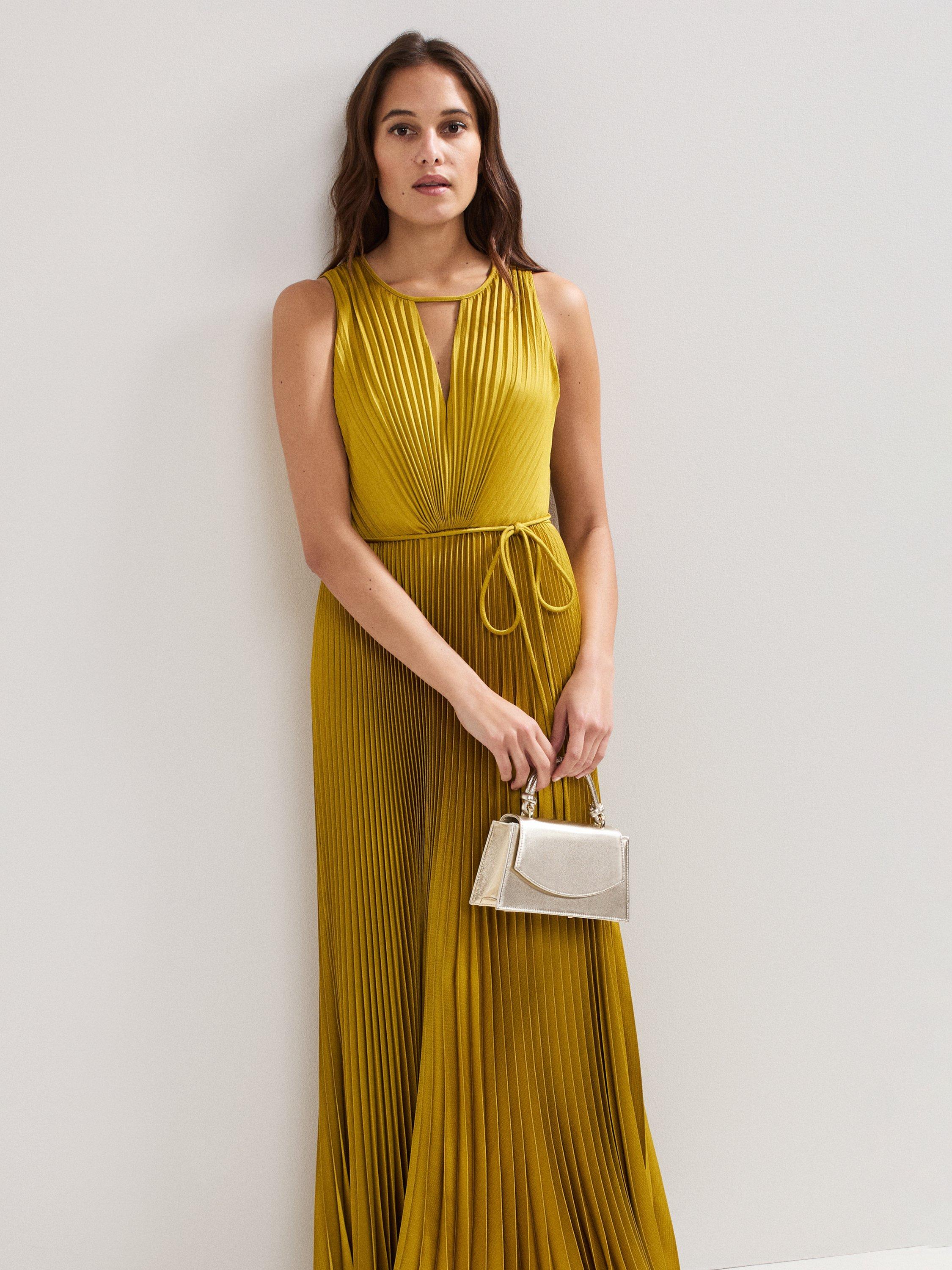 Product image 3 of 8, which shows Phase Eight Dionne Pleated Dress, Yellow, 6