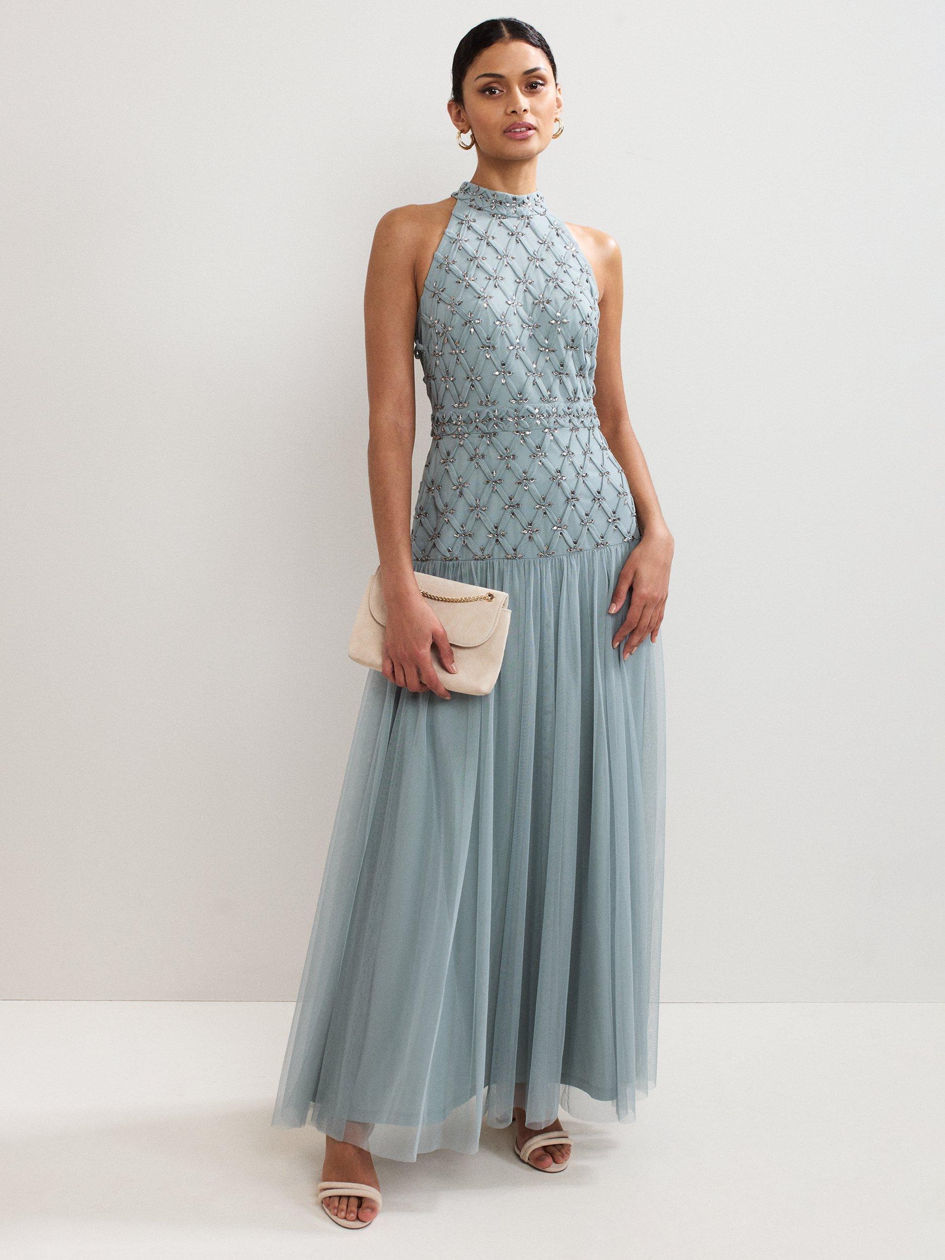 Product image 1 of 9, which shows Phase Eight Nola Embellished Halterneck Maxi Dress, Eau De Nil, 6