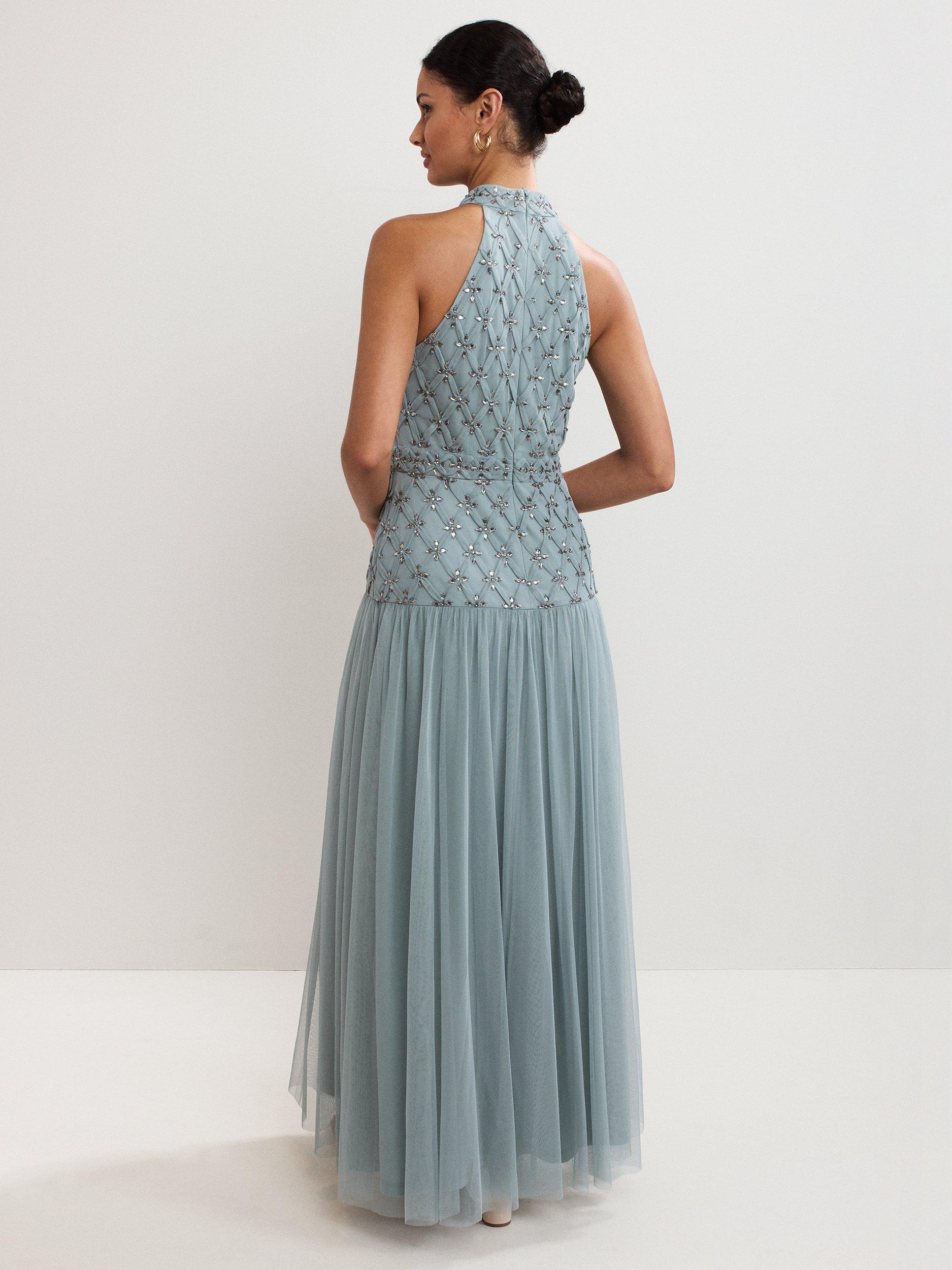 Product image 2 of 9, which shows Phase Eight Nola Embellished Halterneck Maxi Dress, Eau De Nil, 6