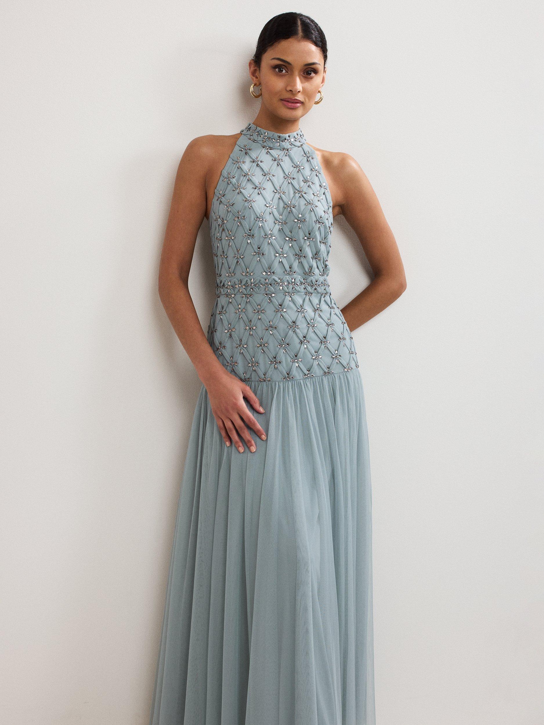 Product image 3 of 9, which shows Phase Eight Nola Embellished Halterneck Maxi Dress, Eau De Nil, 6