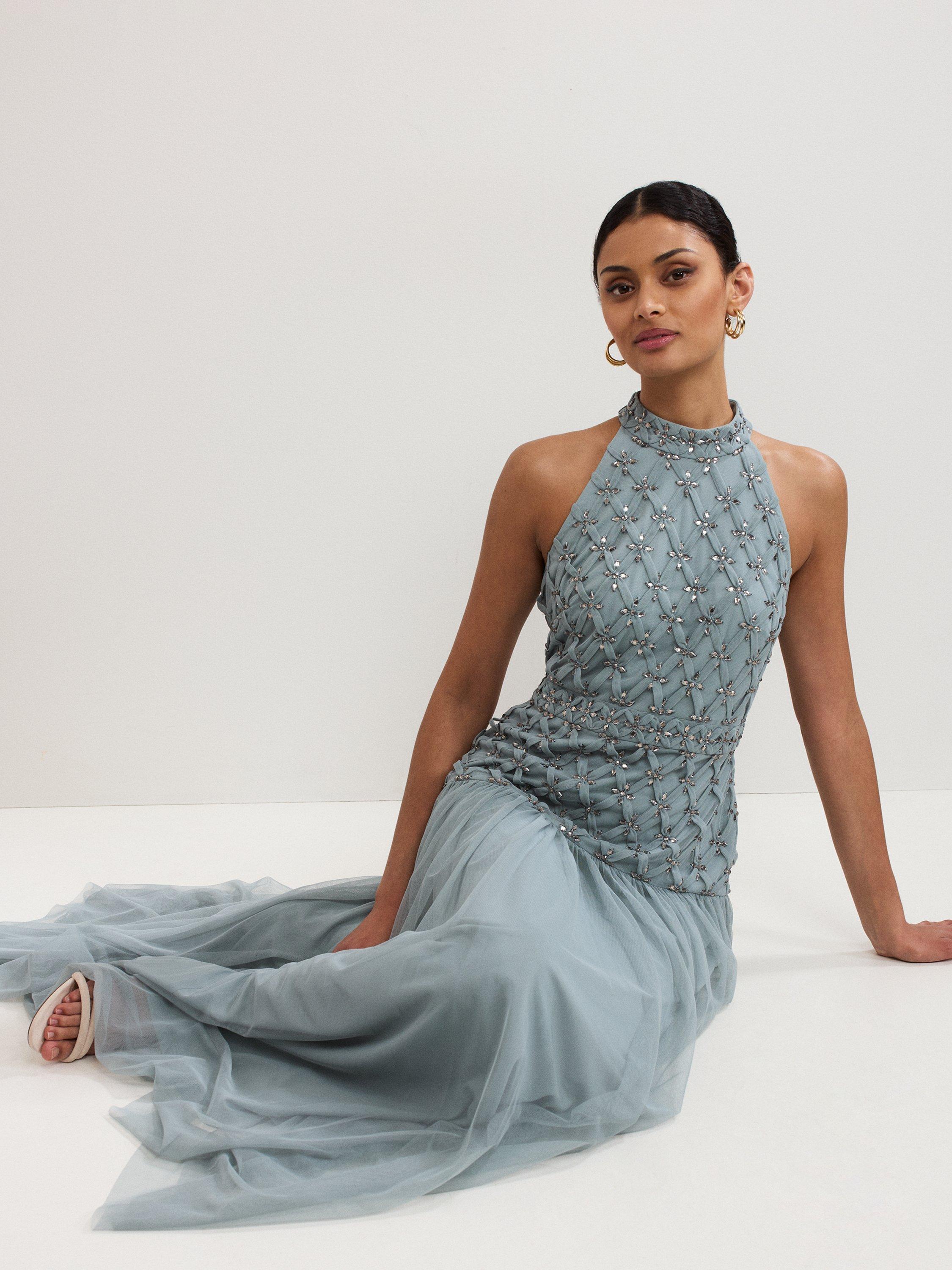 Product image 8 of 9, which shows Phase Eight Nola Embellished Halterneck Maxi Dress, Eau De Nil, 6