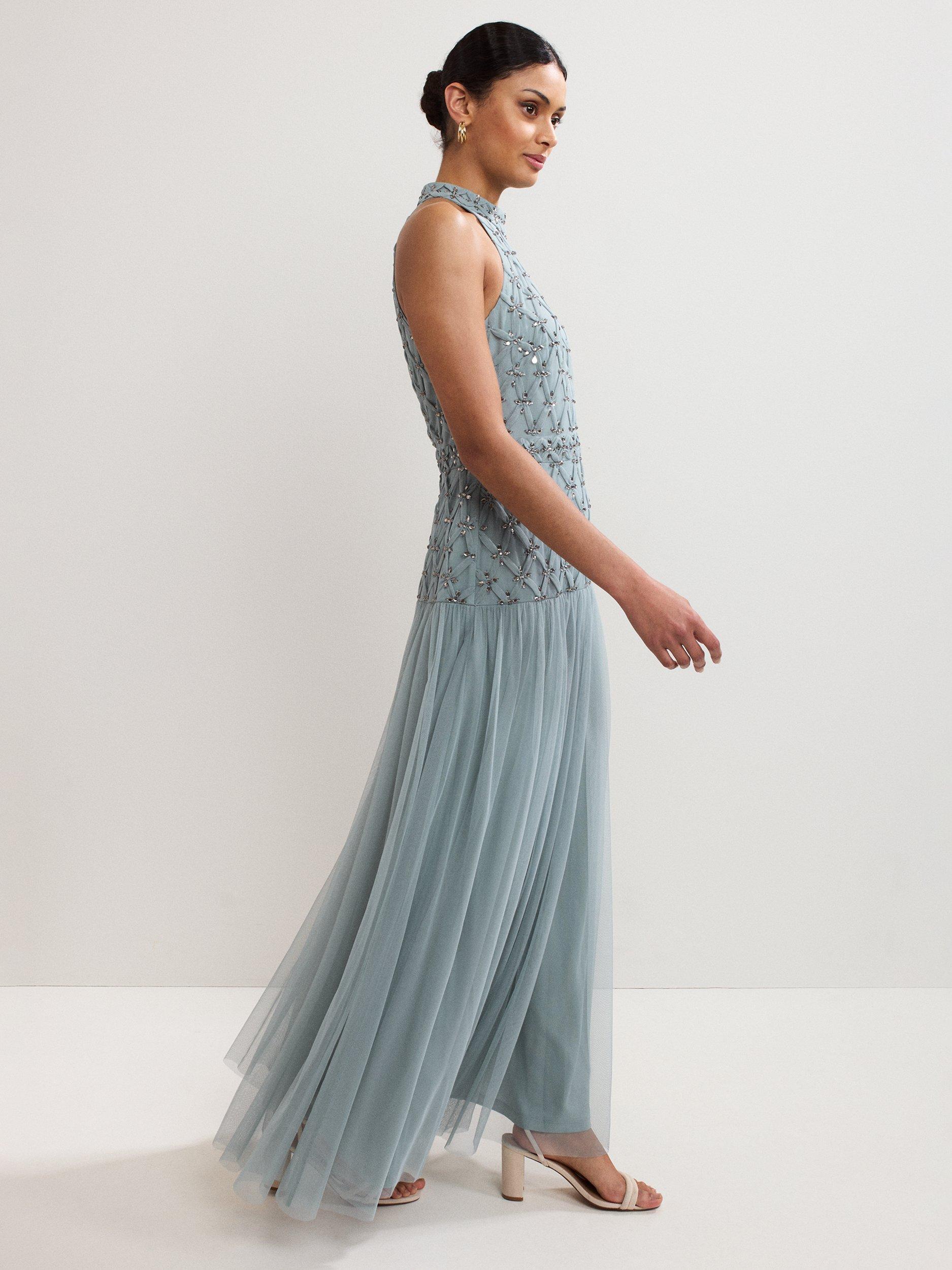 Product image 9 of 9, which shows Phase Eight Nola Embellished Halterneck Maxi Dress, Eau De Nil, 6