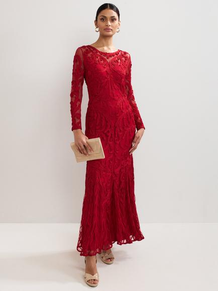 Phase Eight Phoenix Embroidered Long Sleeve Mermaid Maxi Dress, Red