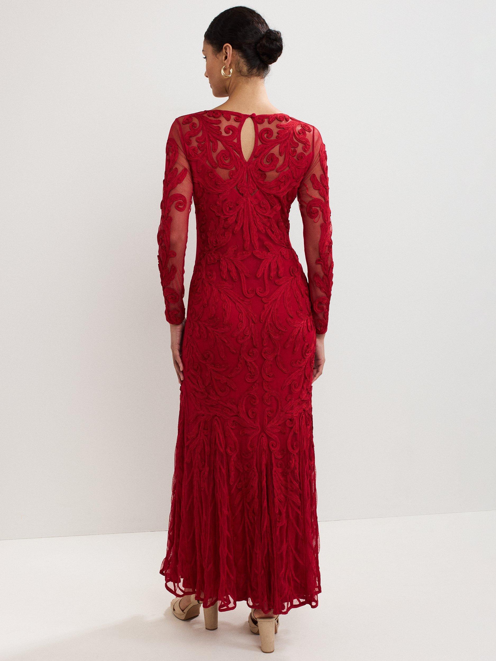 Product image 2 of 8, which shows Phase Eight Phoenix Embroidered Long Sleeve Mermaid Maxi Dress, Red, 6