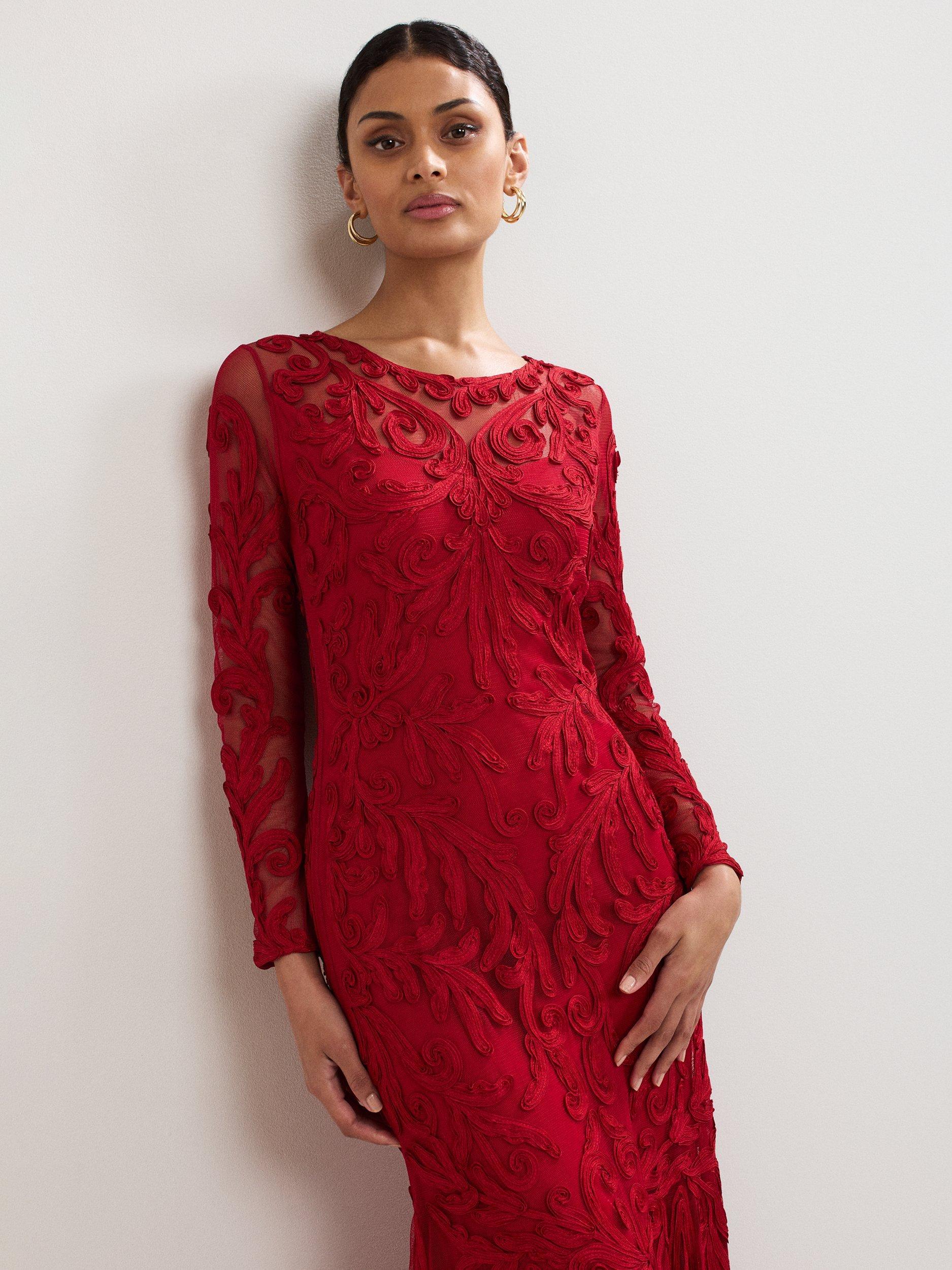 Product image 3 of 8, which shows Phase Eight Phoenix Embroidered Long Sleeve Mermaid Maxi Dress, Red, 6