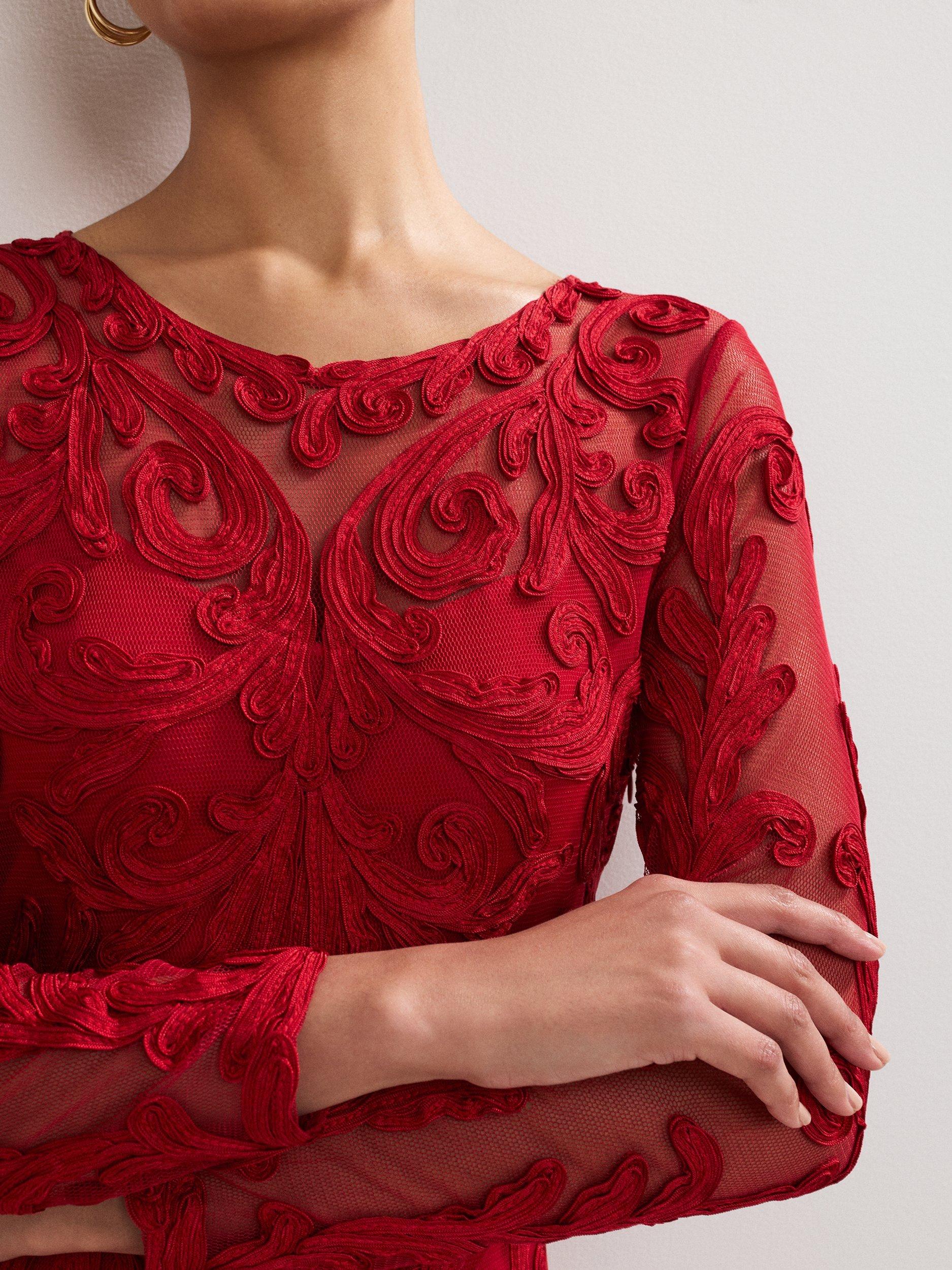 Product image 4 of 8, which shows Phase Eight Phoenix Embroidered Long Sleeve Mermaid Maxi Dress, Red, 6