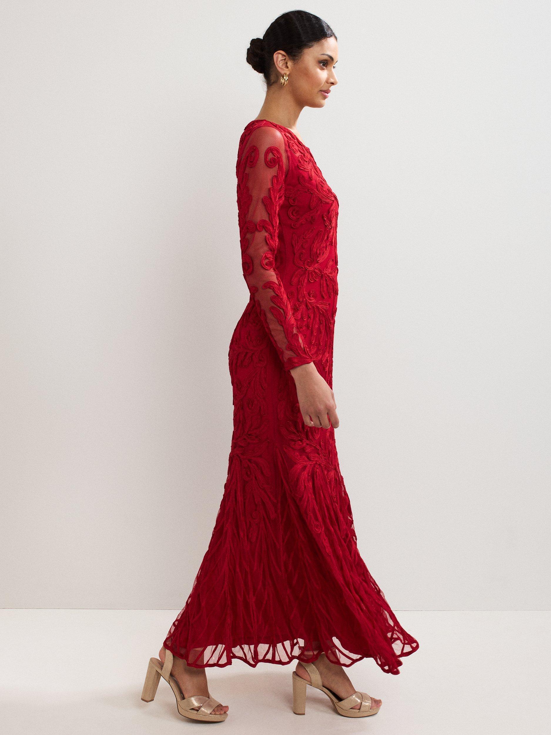 Product image 8 of 8, which shows Phase Eight Phoenix Embroidered Long Sleeve Mermaid Maxi Dress, Red, 6