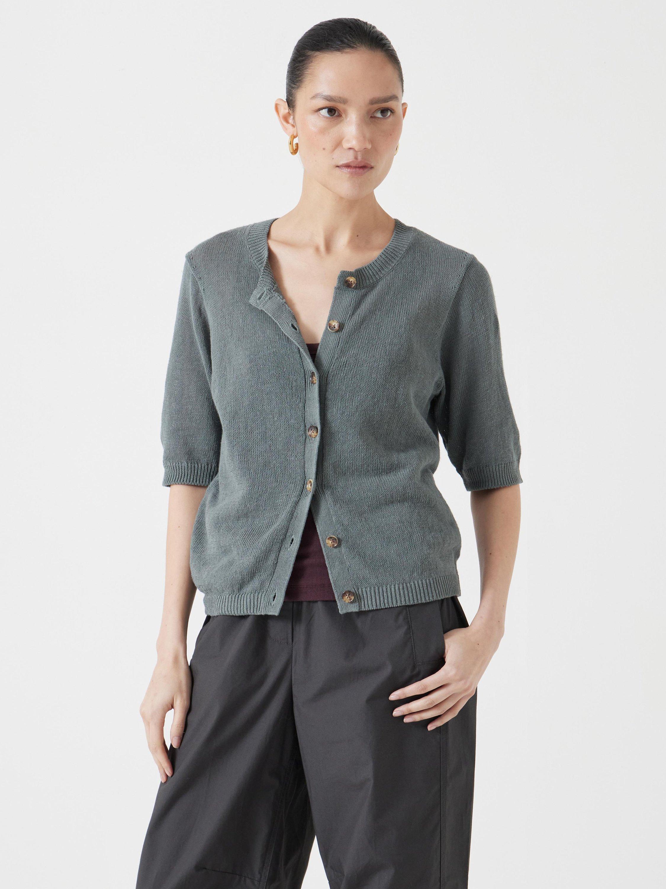 Product image 1 of 5, which shows HUSH Cotton Linen Blend Short Sleeve Cardigan, Sage Green, XXS