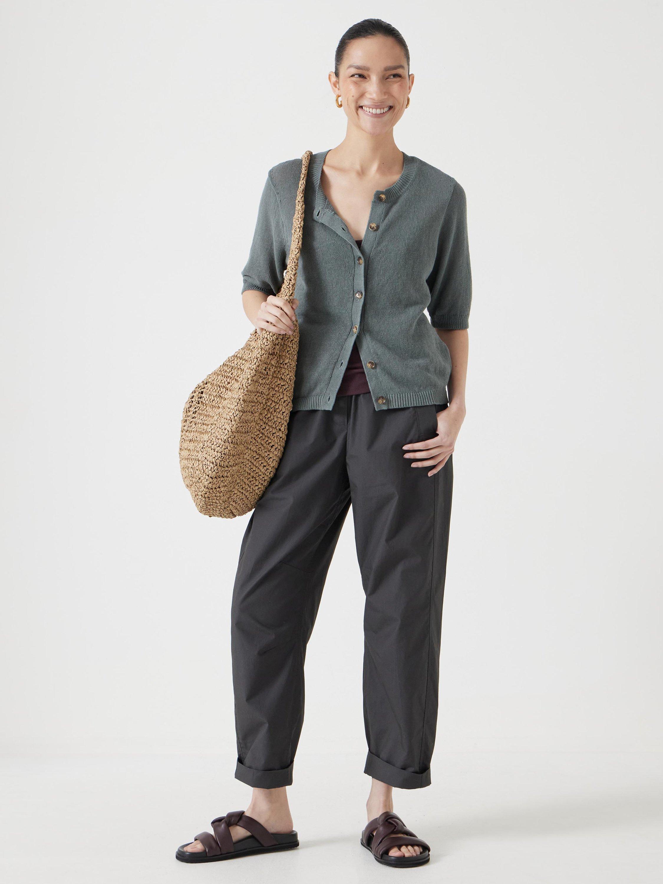 Product image 2 of 5, which shows HUSH Cotton Linen Blend Short Sleeve Cardigan, Sage Green, XXS