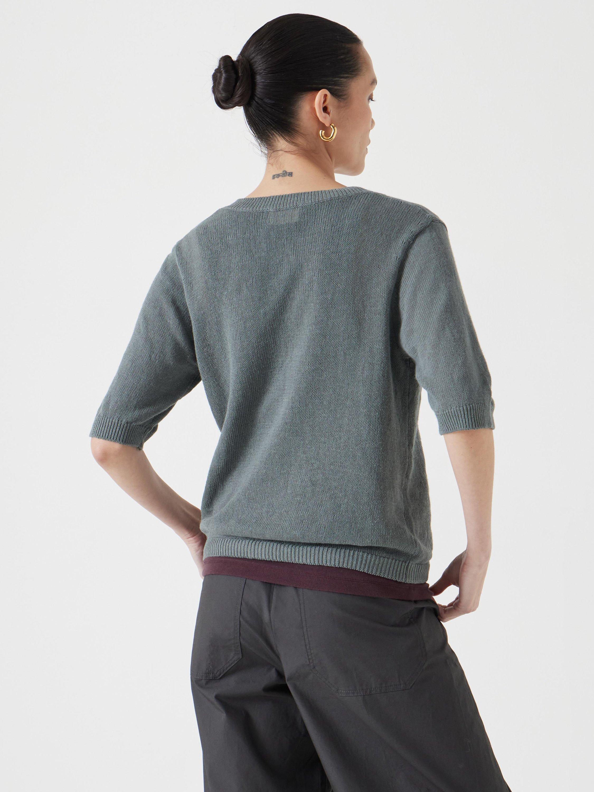 Product image 3 of 5, which shows HUSH Cotton Linen Blend Short Sleeve Cardigan, Sage Green, XXS