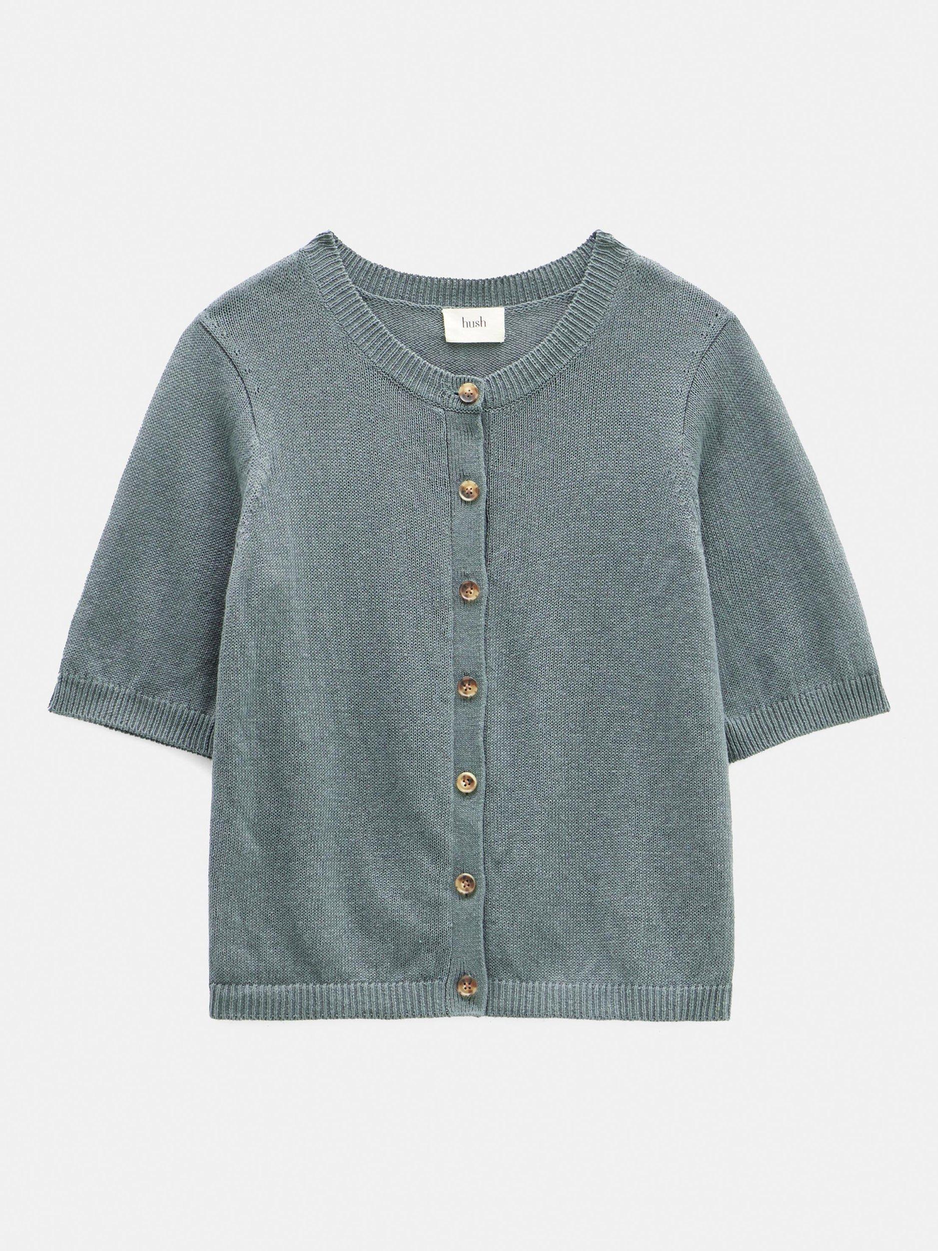 Product image 4 of 5, which shows HUSH Cotton Linen Blend Short Sleeve Cardigan, Sage Green, XXS