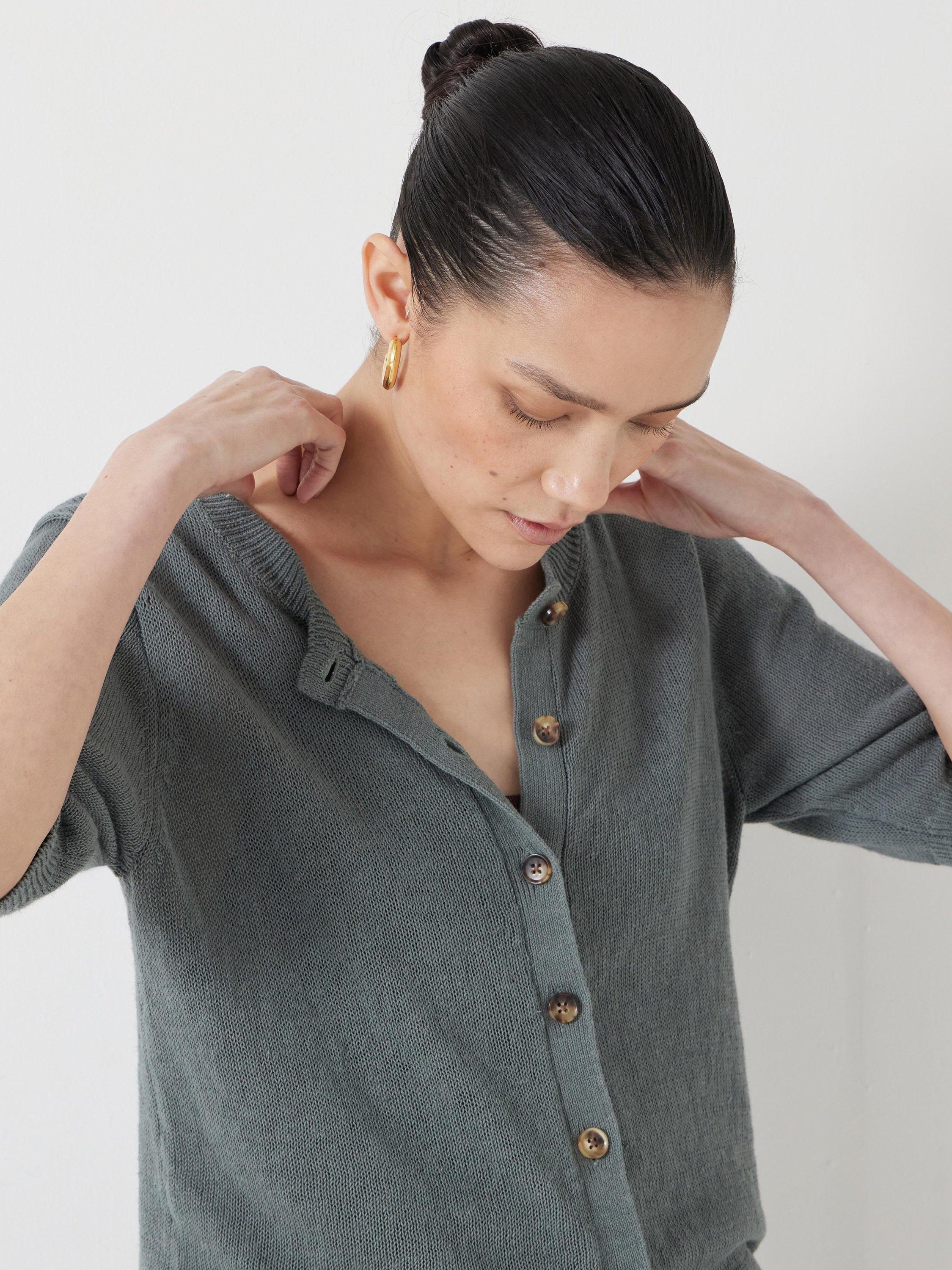 Product image 5 of 5, which shows HUSH Cotton Linen Blend Short Sleeve Cardigan, Sage Green, XXS