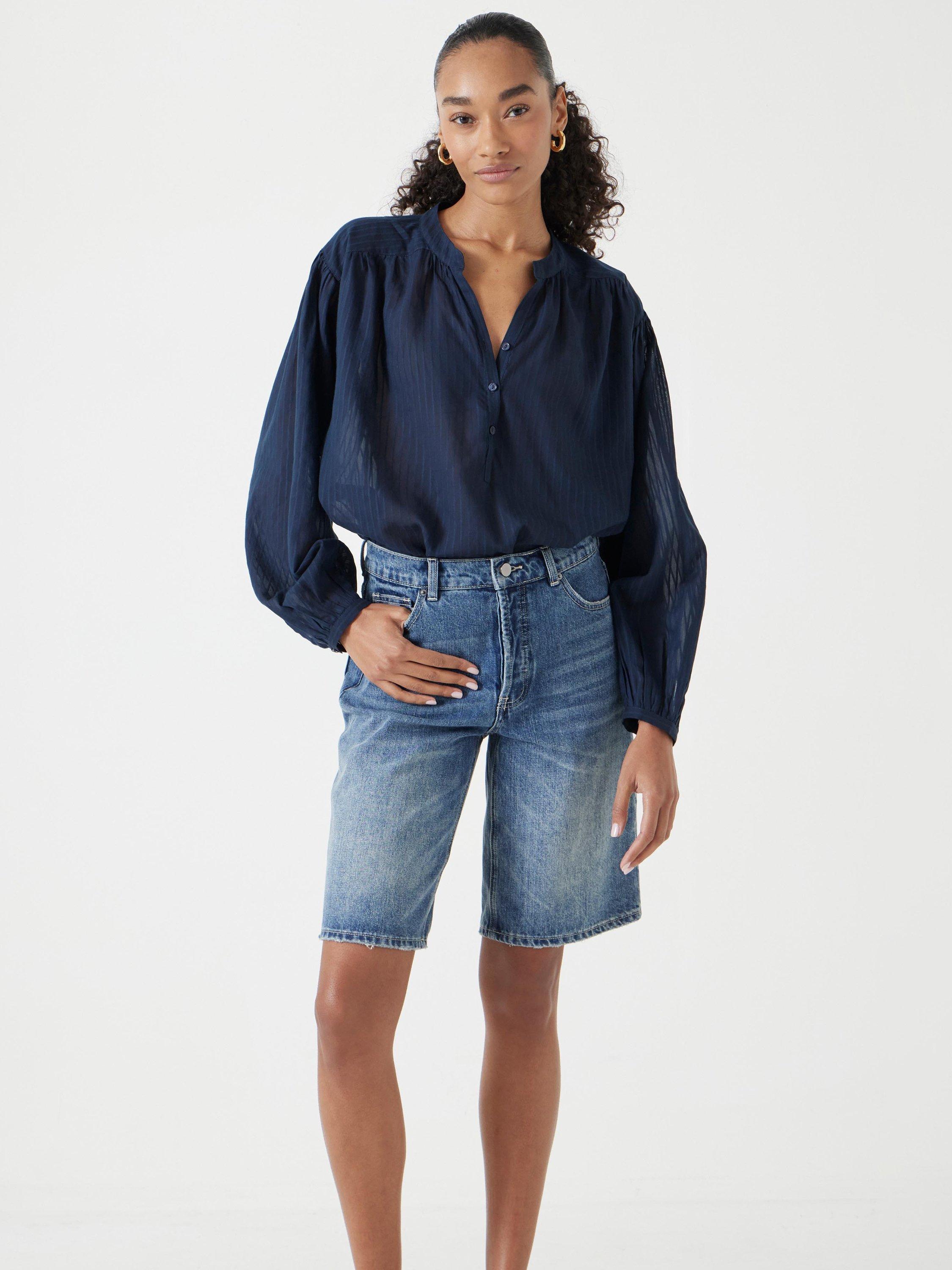 Product image 1 of 5, which shows Hush Bea Textured Stripe Cotton Voile Blend Blouse, Dark Navy, XS