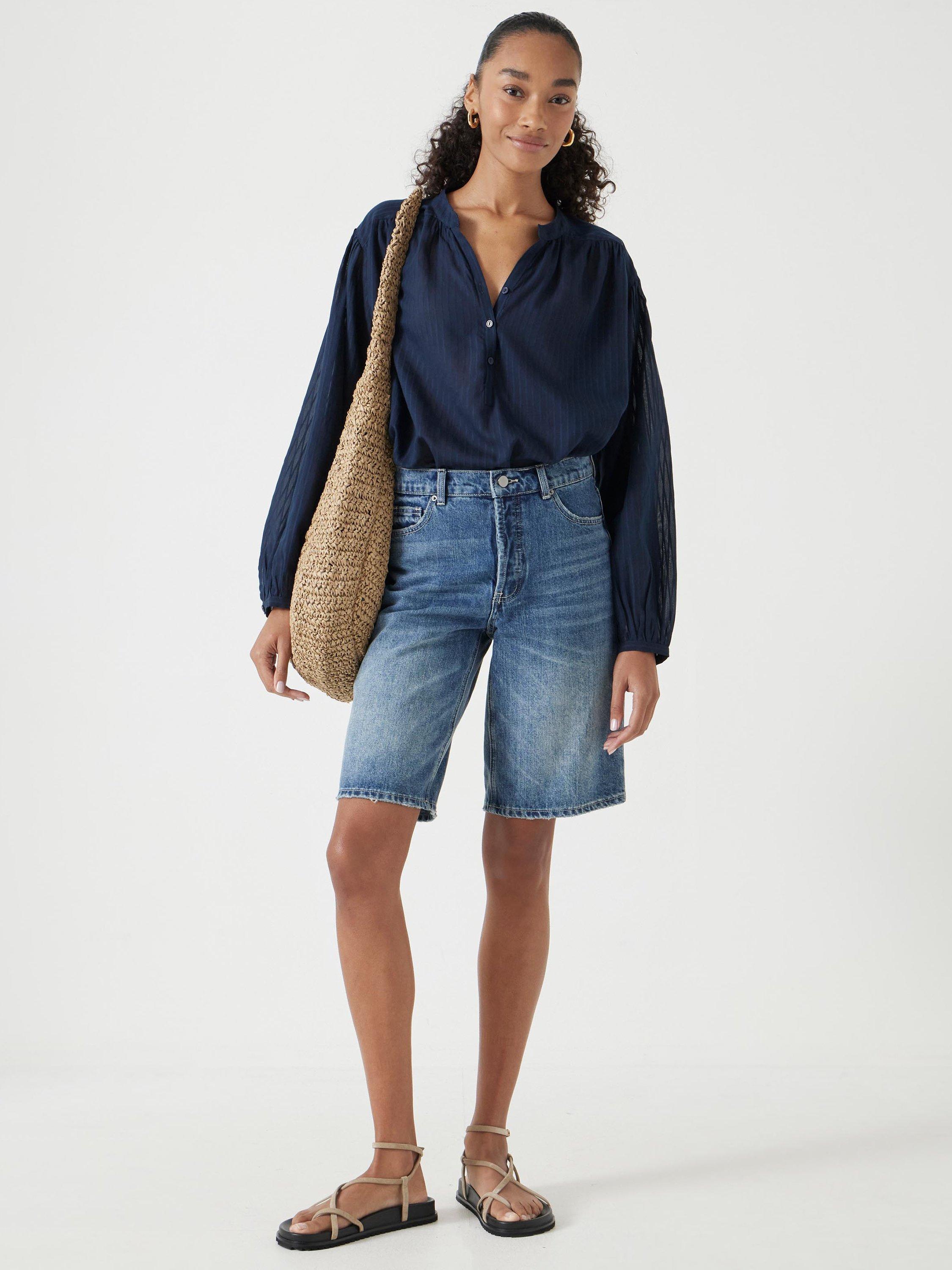 Product image 2 of 5, which shows Hush Bea Textured Stripe Cotton Voile Blend Blouse, Dark Navy, XS