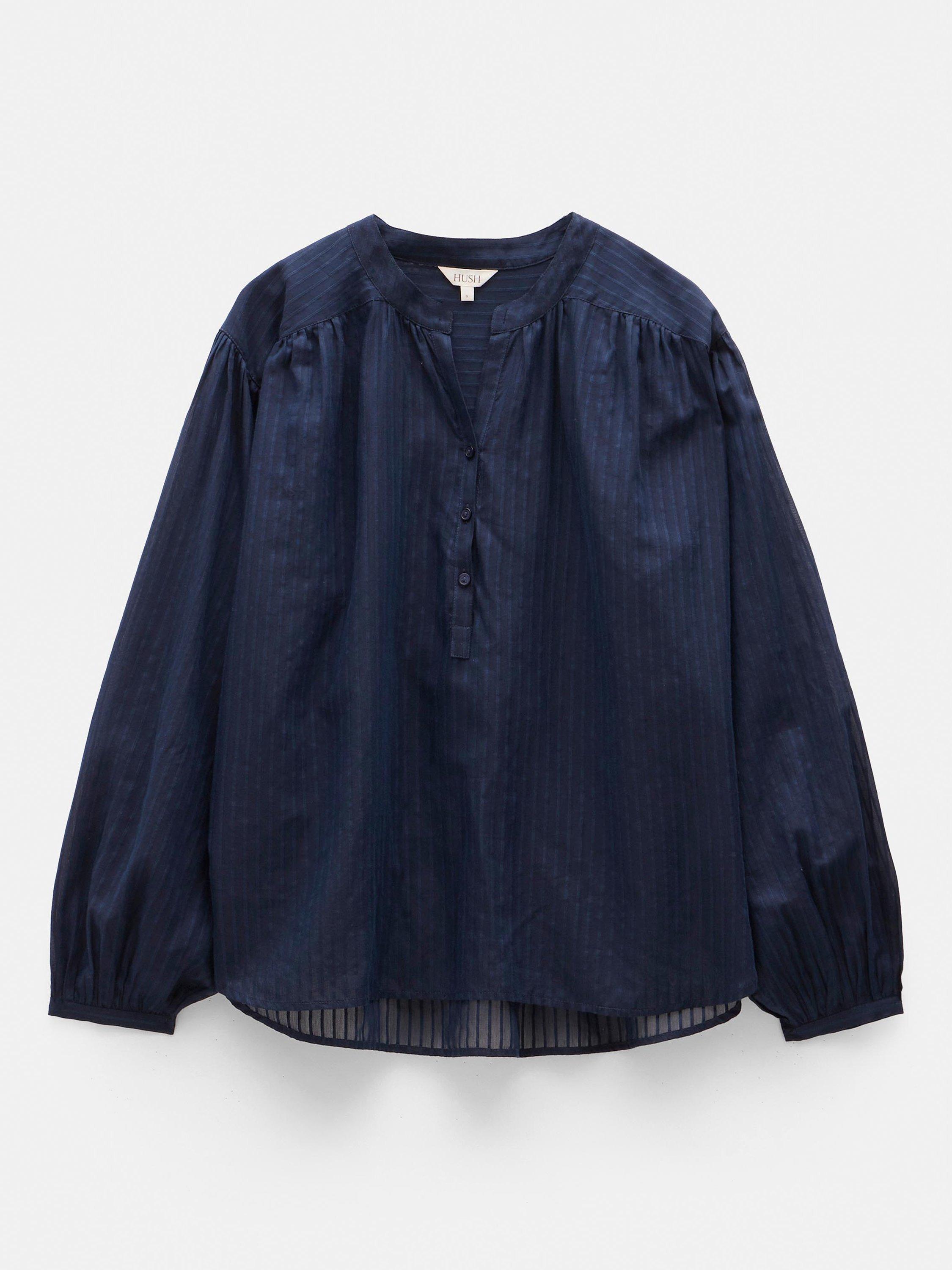 Product image 4 of 5, which shows Hush Bea Textured Stripe Cotton Voile Blend Blouse, Dark Navy, XS