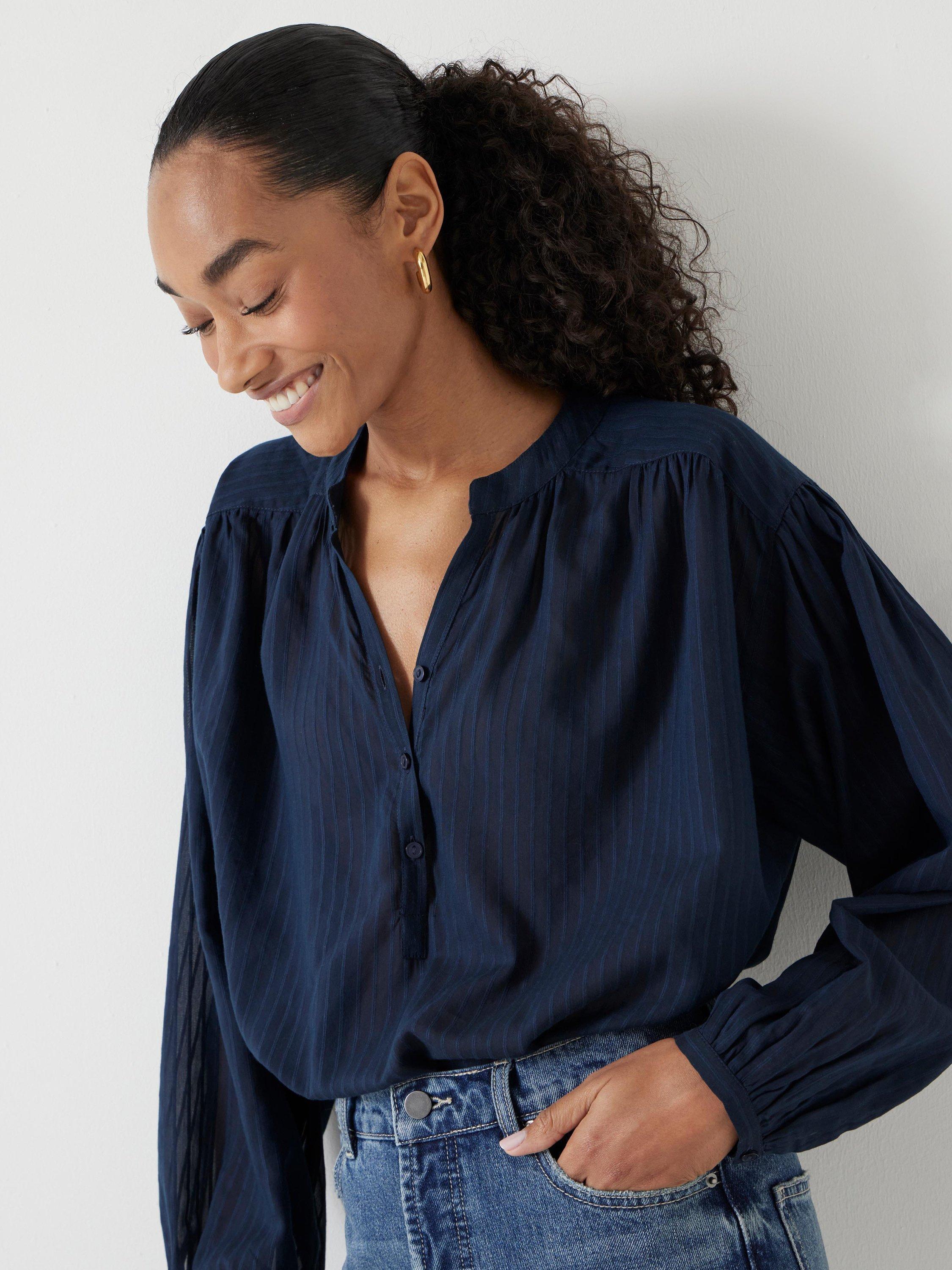 Product image 5 of 5, which shows Hush Bea Textured Stripe Cotton Voile Blend Blouse, Dark Navy, XS