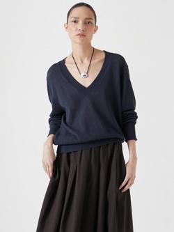 HUSH Linen Blend V-Neck Long Sleeve Jumper, Inkwell Navy