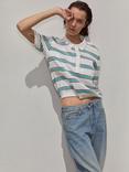 HUSH Sequin Stripe Knit Polo Top, Ecru/Teal