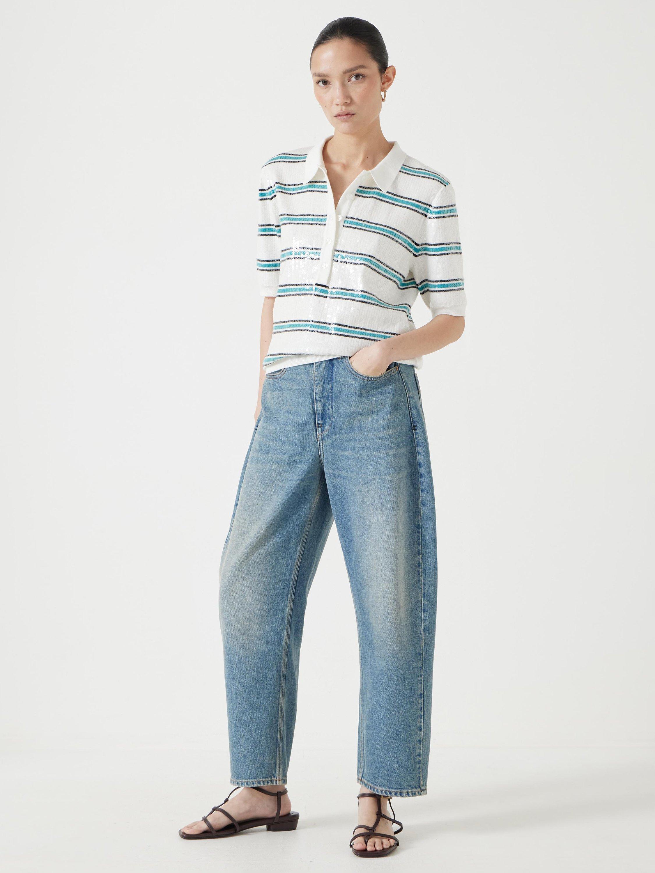 Product image 2 of 5, which shows HUSH Sequin Stripe Knit Polo Top, Ecru/Teal, XXS