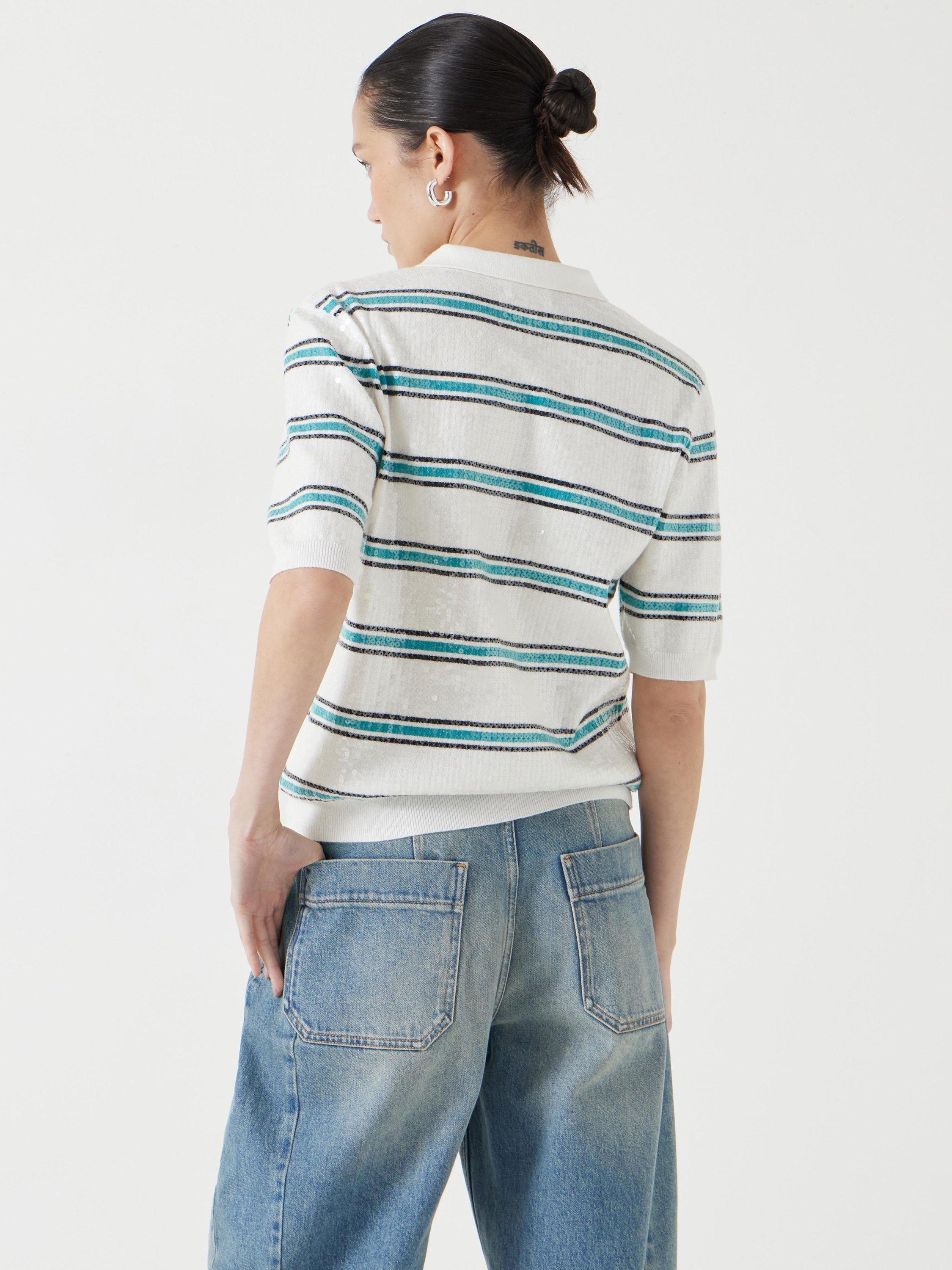 Product image 3 of 5, which shows HUSH Sequin Stripe Knit Polo Top, Ecru/Teal, XXS