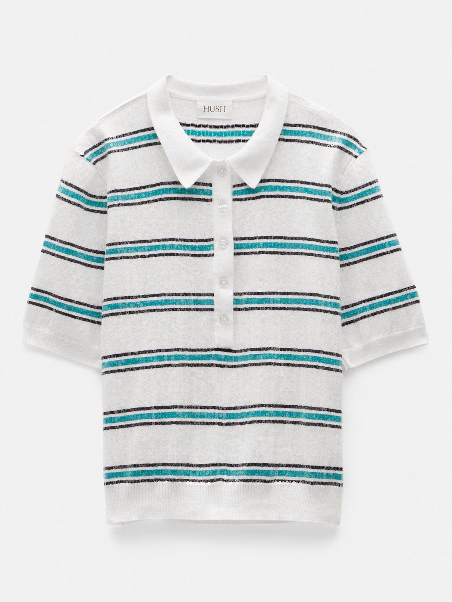 Product image 4 of 5, which shows HUSH Sequin Stripe Knit Polo Top, Ecru/Teal, XXS