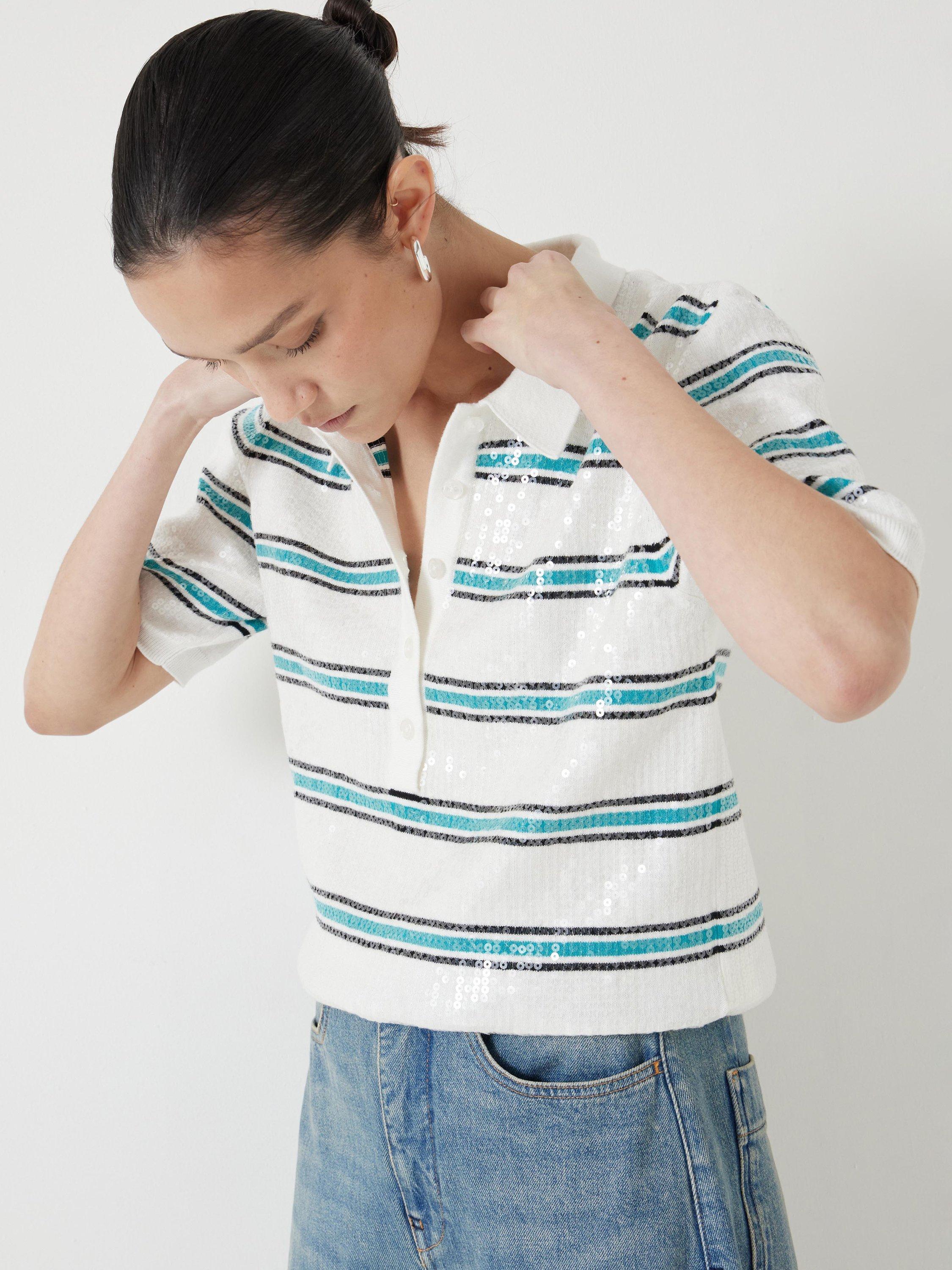 Product image 5 of 5, which shows HUSH Sequin Stripe Knit Polo Top, Ecru/Teal, XXS