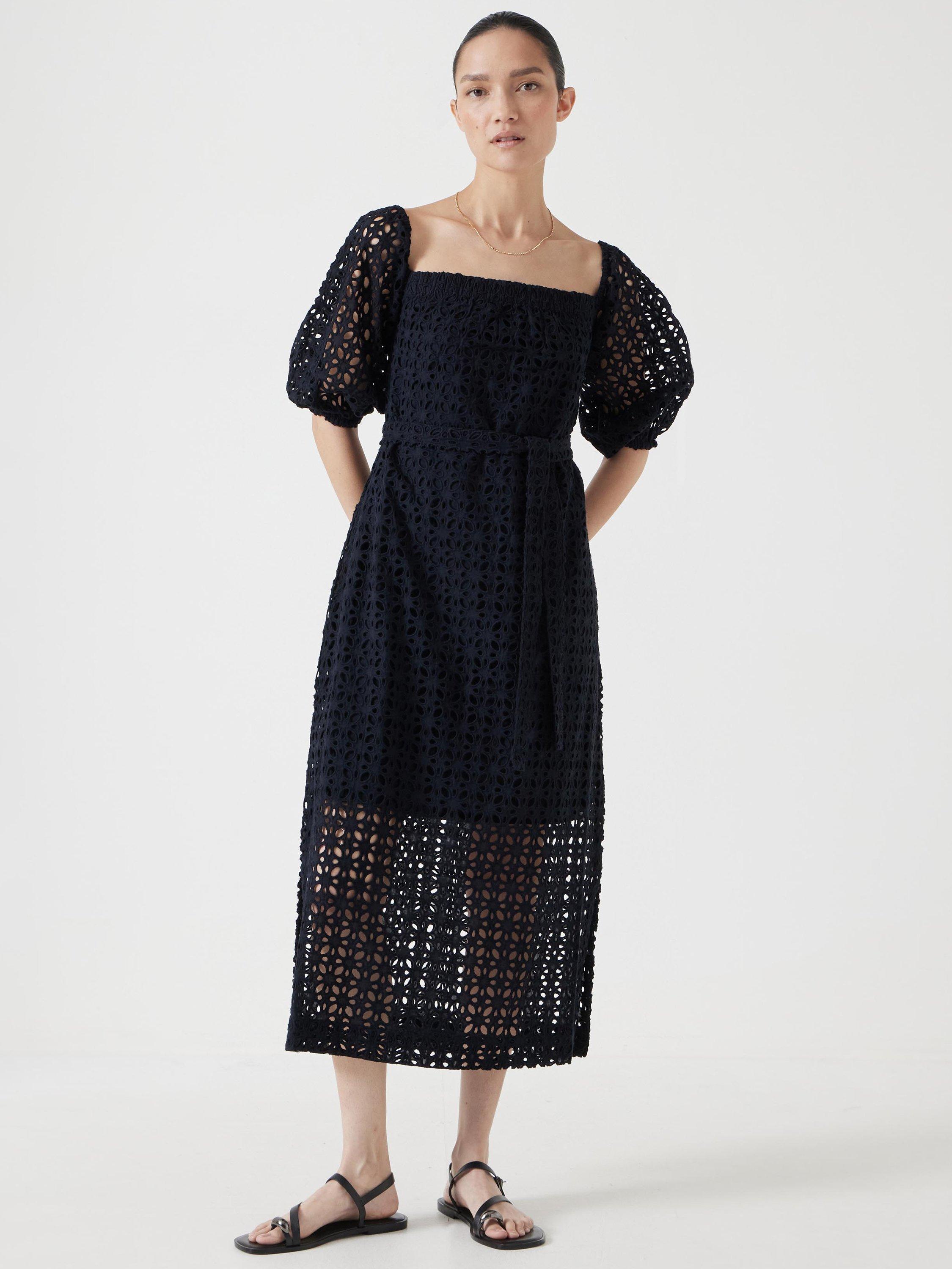 Product image 1 of 7, which shows HUSH Off Shoulder Broderie Anglaise Midi Dress, Black, XXS