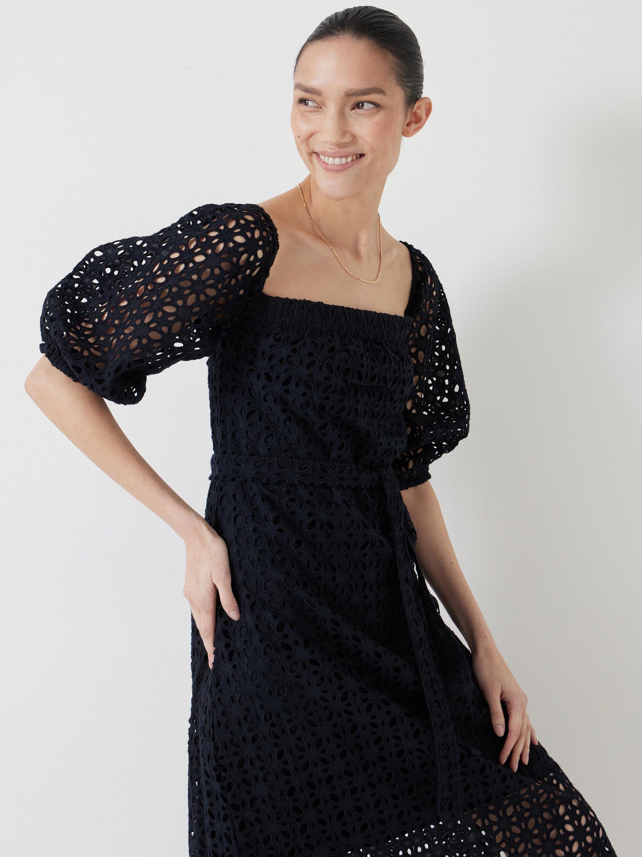 Product image 2 of 7, which shows HUSH Off Shoulder Broderie Anglaise Midi Dress, Black, XXS