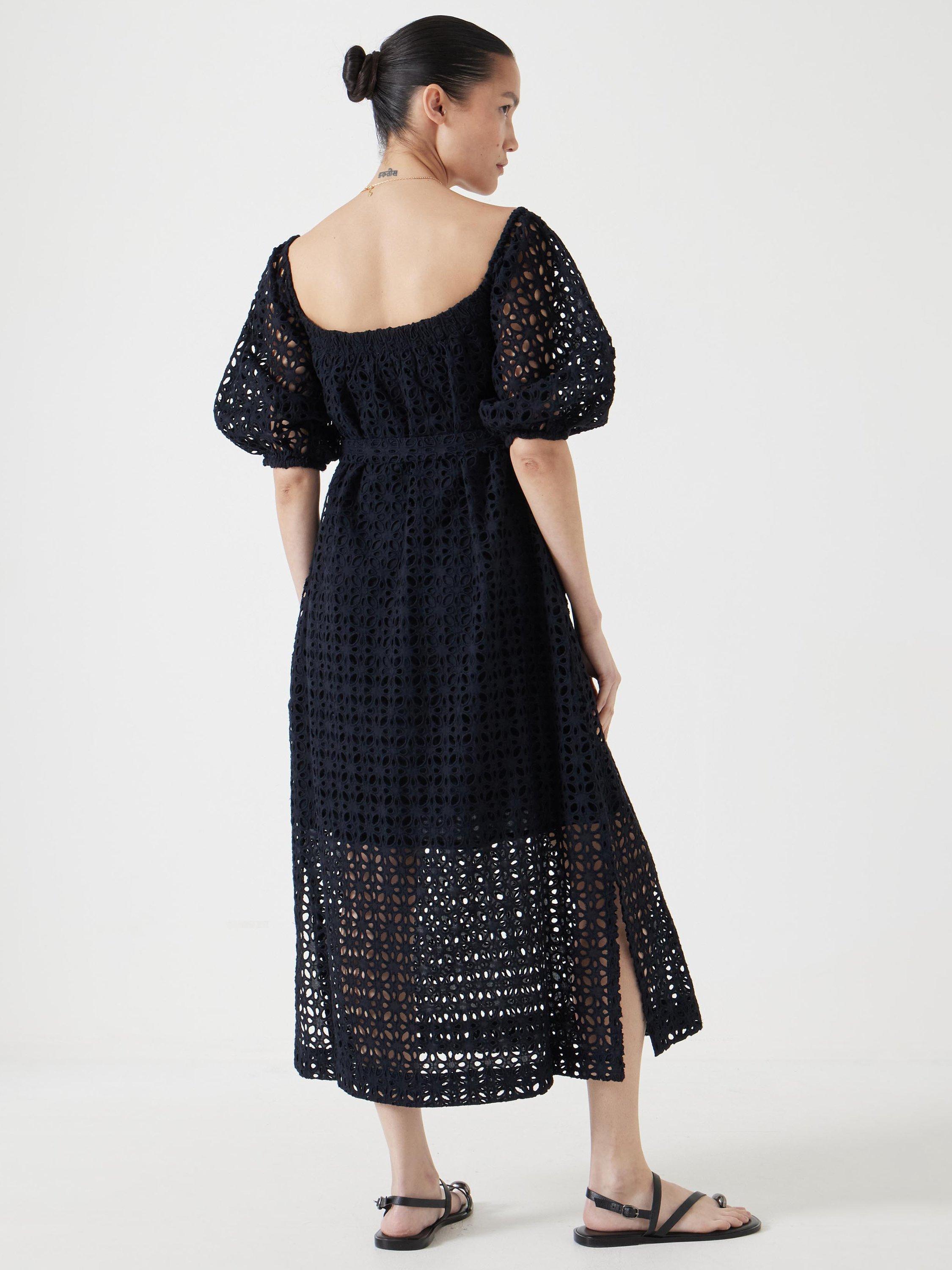 Product image 3 of 7, which shows HUSH Off Shoulder Broderie Anglaise Midi Dress, Black, XXS