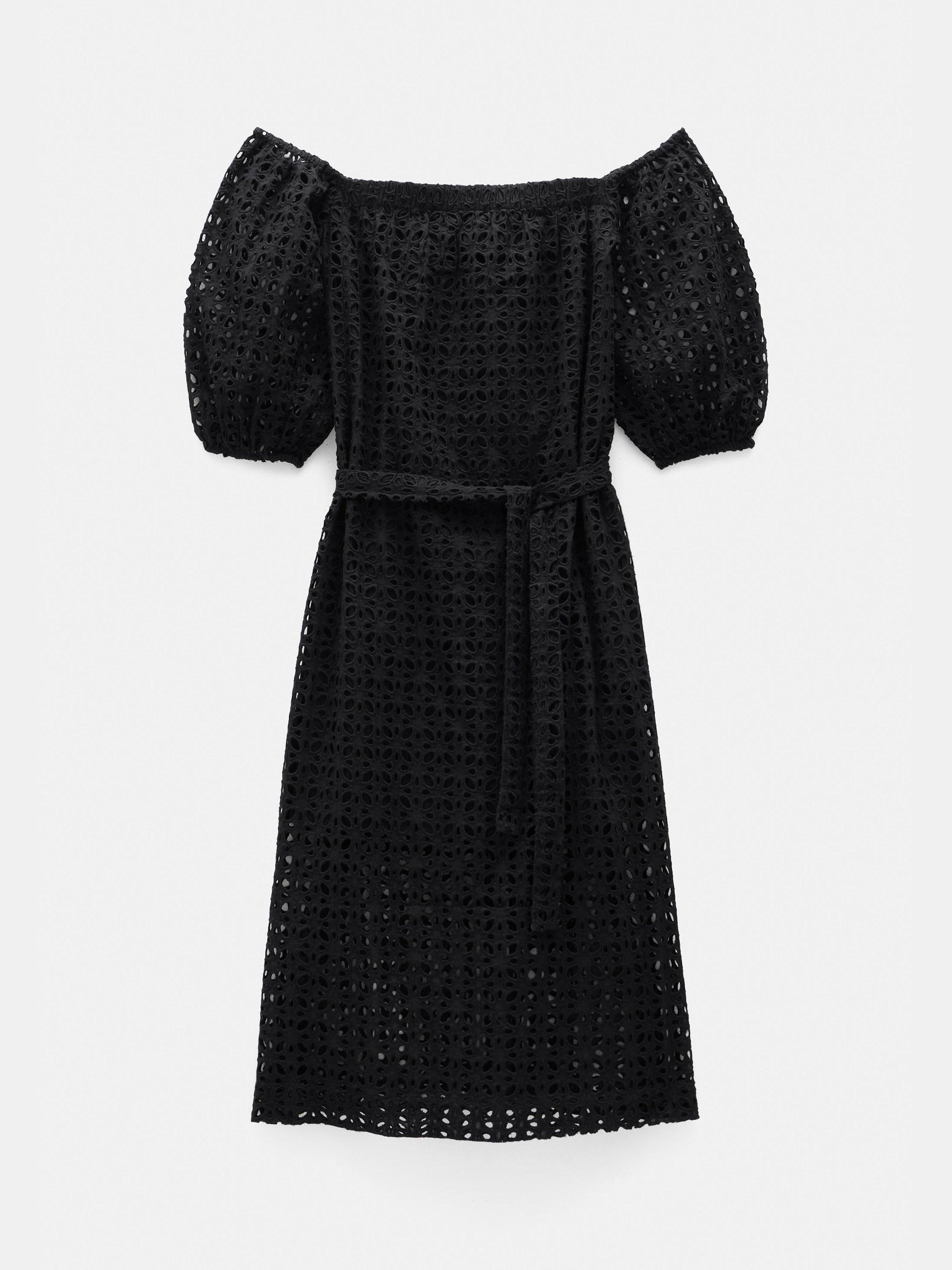 Product image 4 of 7, which shows HUSH Off Shoulder Broderie Anglaise Midi Dress, Black, XXS