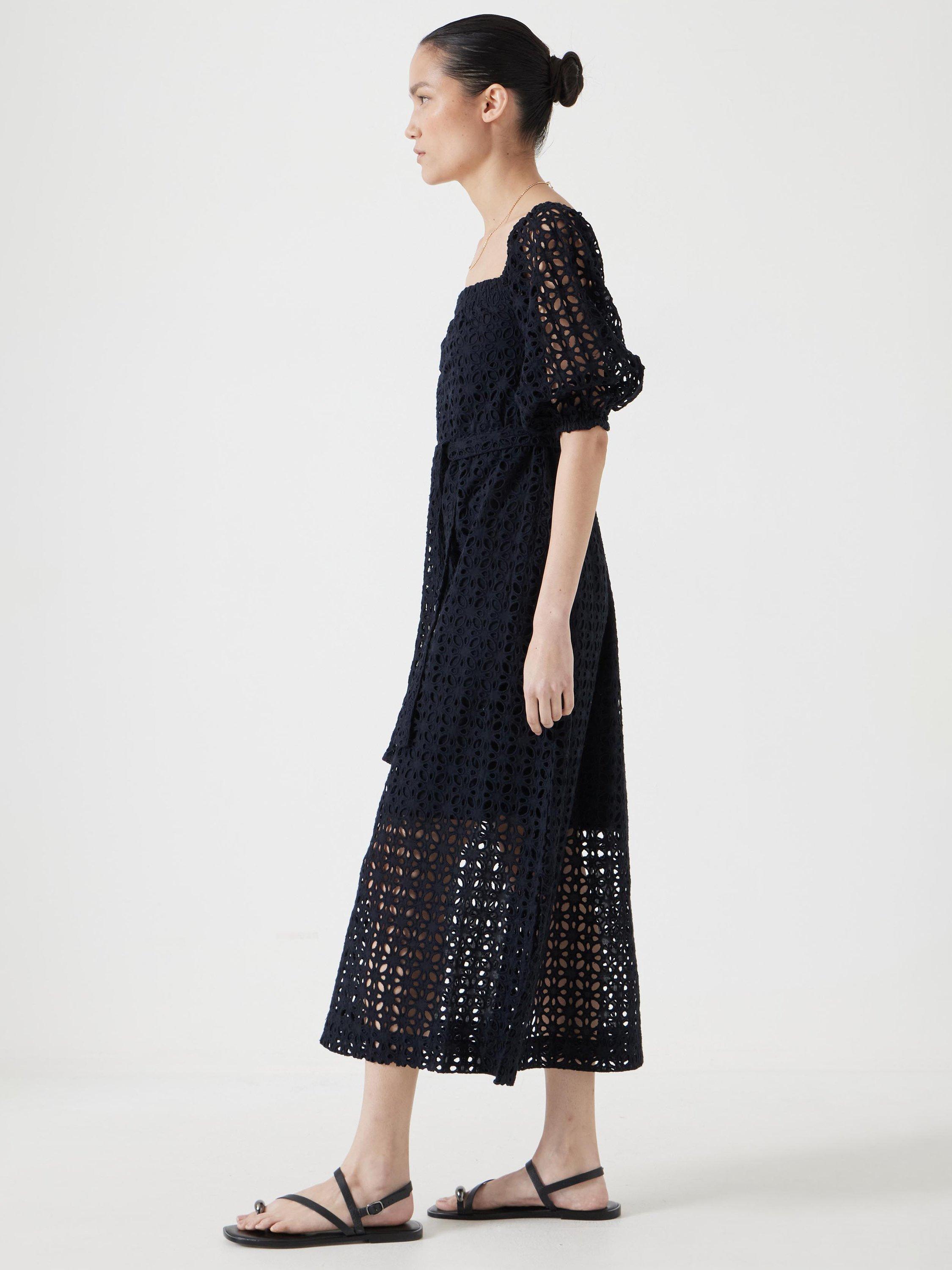 Product image 5 of 7, which shows HUSH Off Shoulder Broderie Anglaise Midi Dress, Black, XXS
