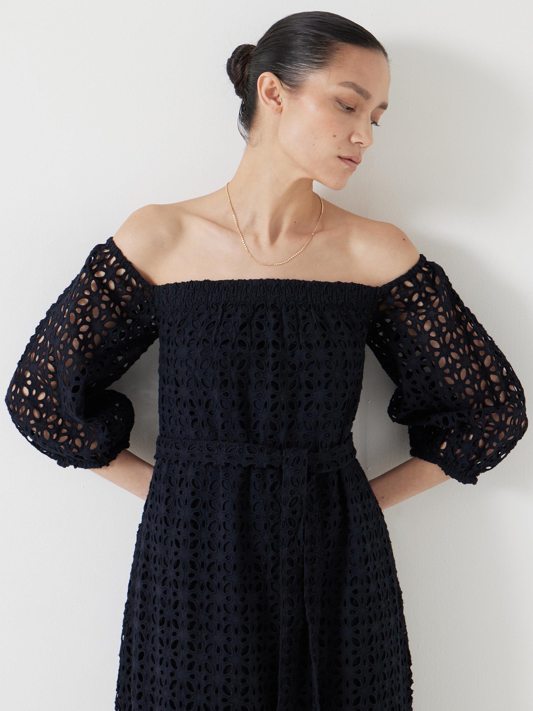 Product image 6 of 7, which shows HUSH Off Shoulder Broderie Anglaise Midi Dress, Black, XXS