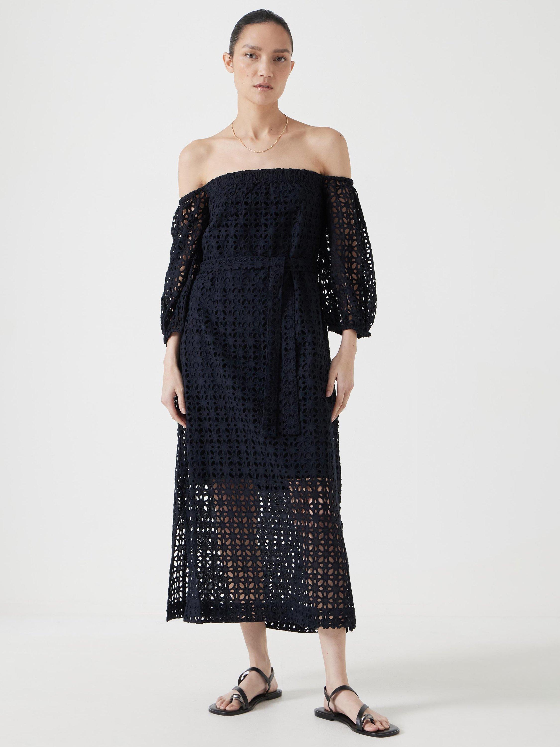 Product image 7 of 7, which shows HUSH Off Shoulder Broderie Anglaise Midi Dress, Black, XXS