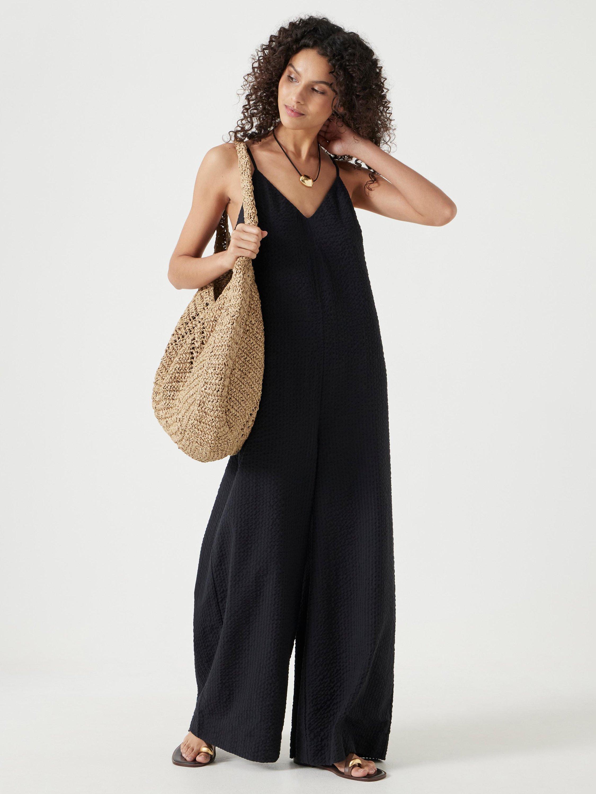 Product image 1 of 6, which shows HUSH Seersucker Cotton Flared Jumpsuit, Black, M