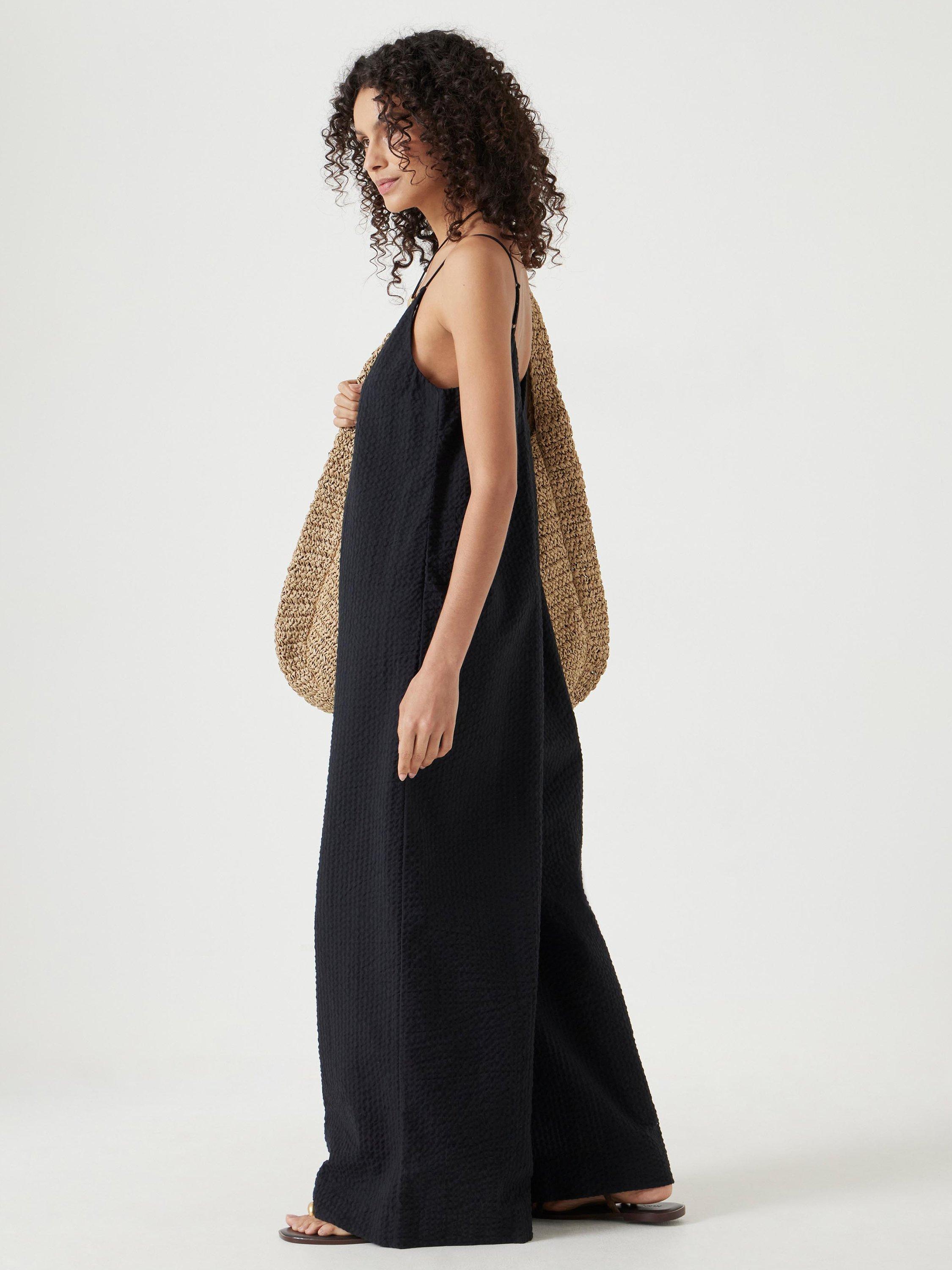 Product image 5 of 6, which shows HUSH Seersucker Cotton Flared Jumpsuit, Black, M