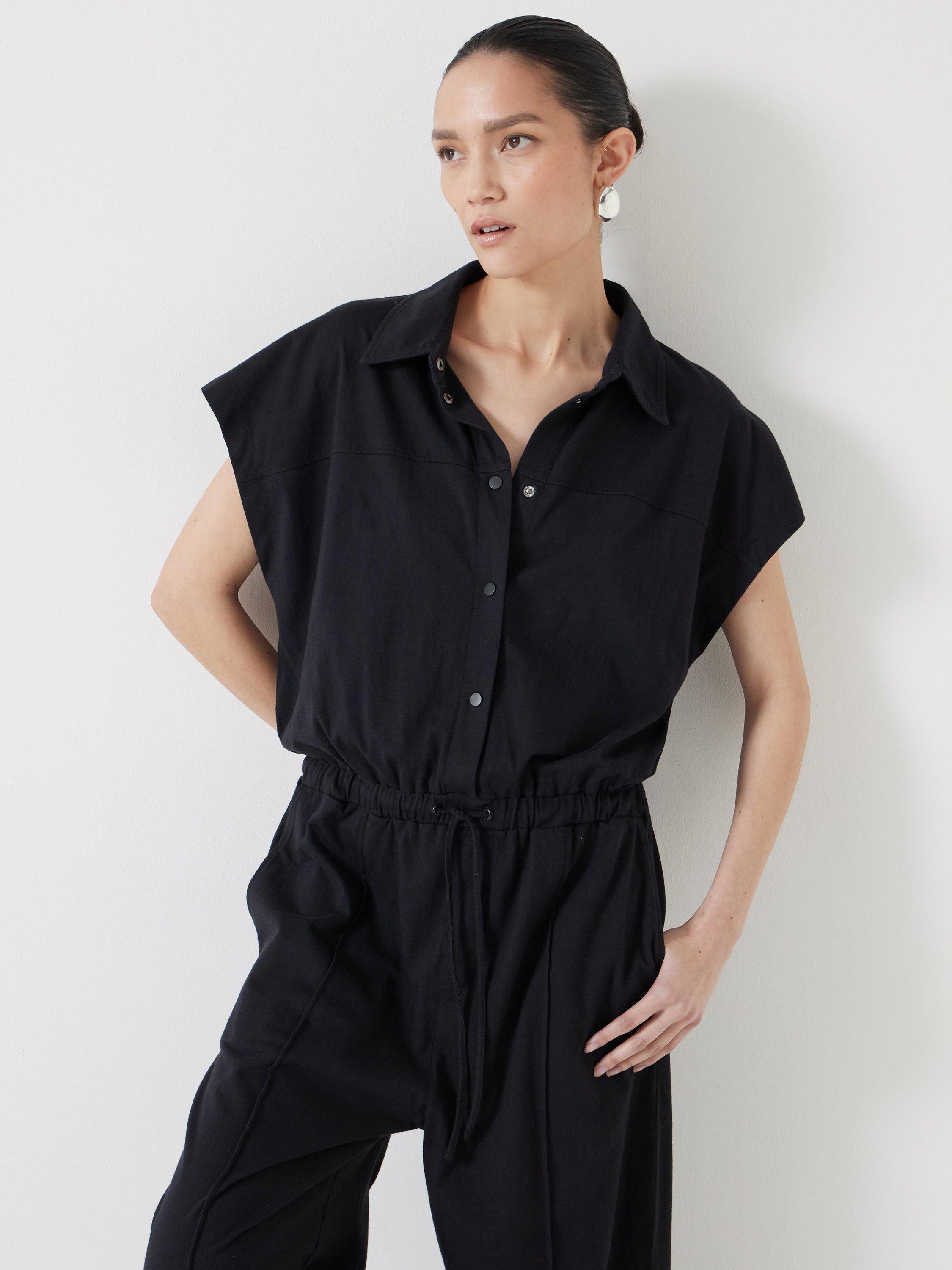 Product image 2 of 6, which shows HUSH Cotton Short Sleeve Jumpsuit, Black, XXS