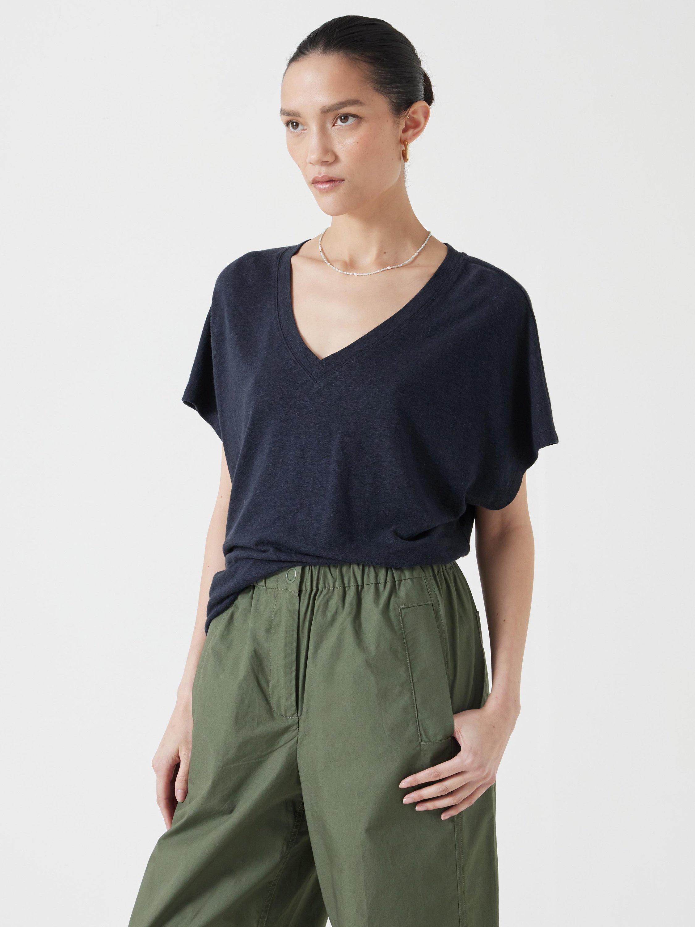 Product image 1 of 5, which shows HUSH Rosalia Linen Blend T-Shirt, Dark Navy, XXS