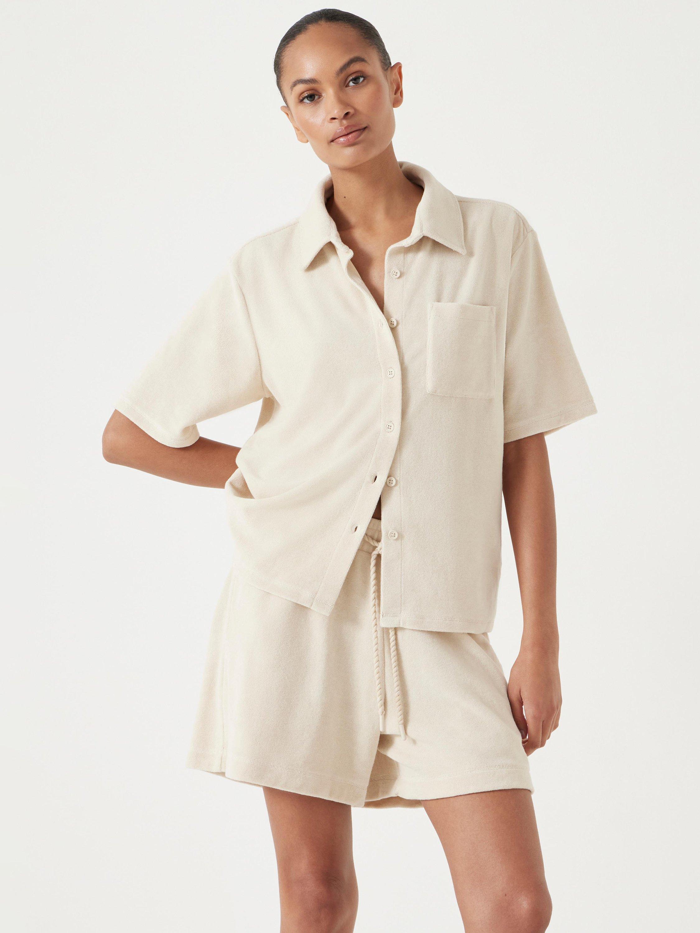 Product image 1 of 6, which shows HUSH Terry Towelling Short Sleeve Shirt, Stone White, L