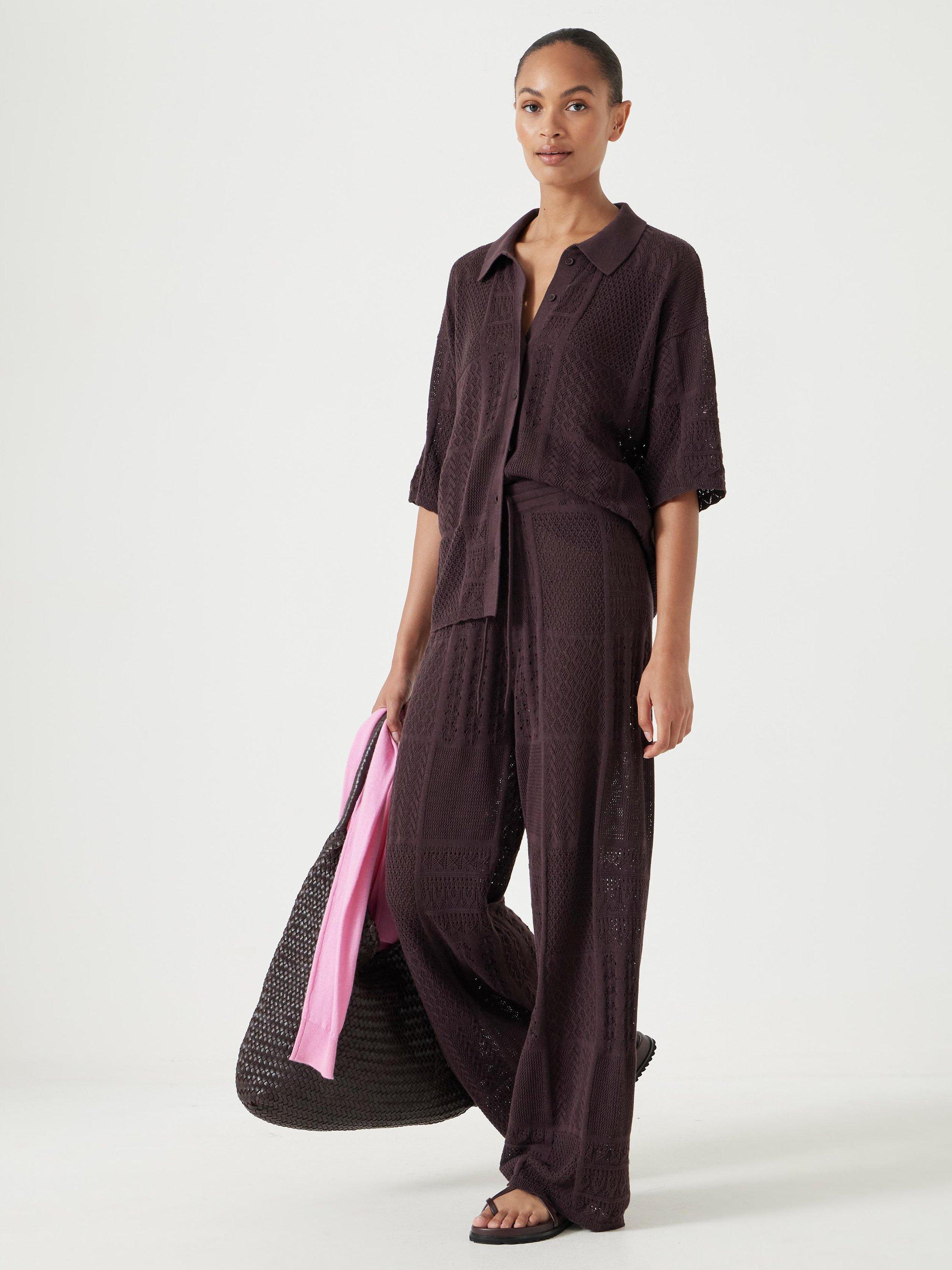 Product image 1 of 6, which shows Hush Patchwork Stitched Wide Leg Knitted Cotton Blend Trousers, Chocolate Torte, XS-S