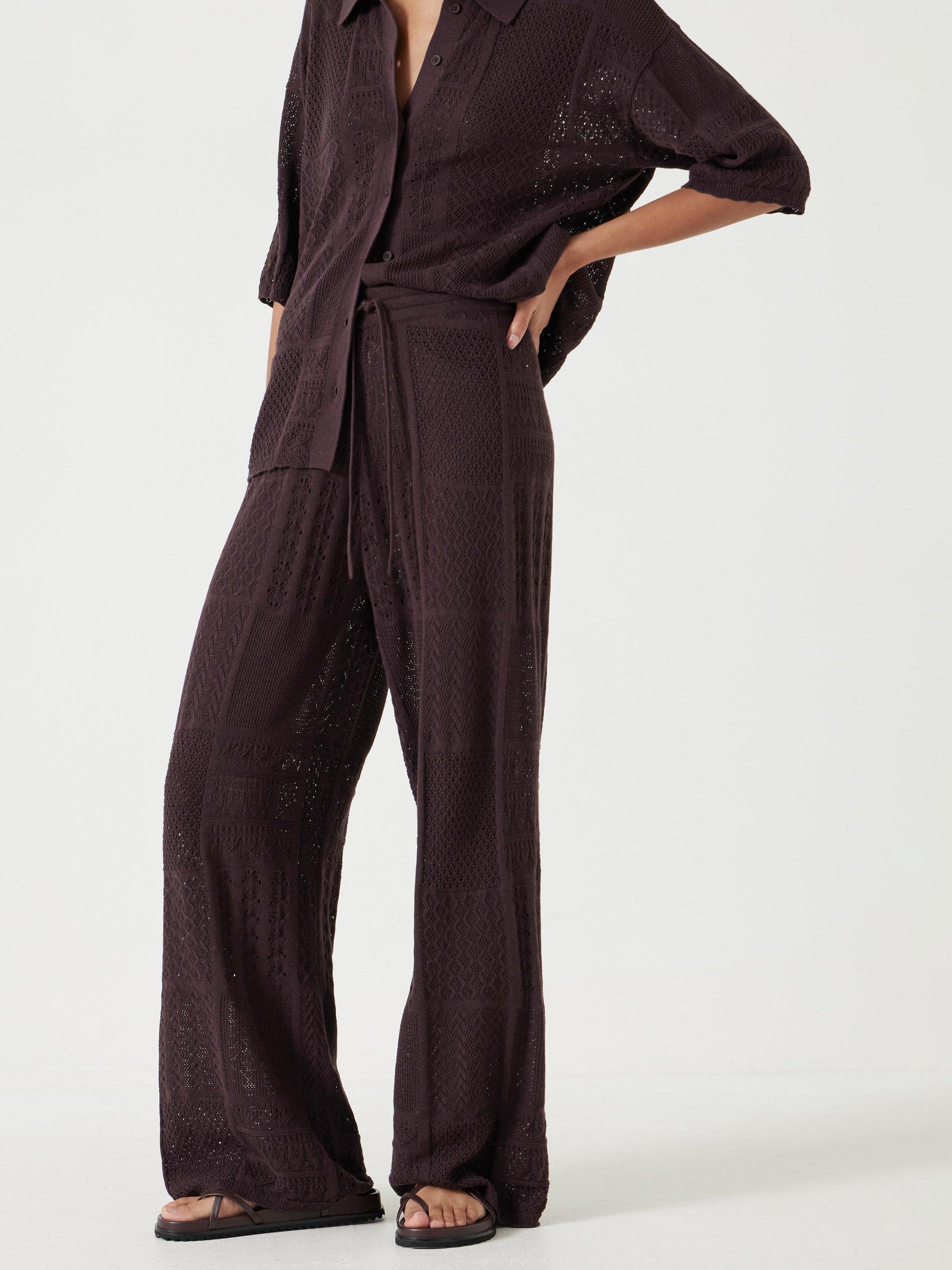 Product image 2 of 6, which shows Hush Patchwork Stitched Wide Leg Knitted Cotton Blend Trousers, Chocolate Torte, XS-S