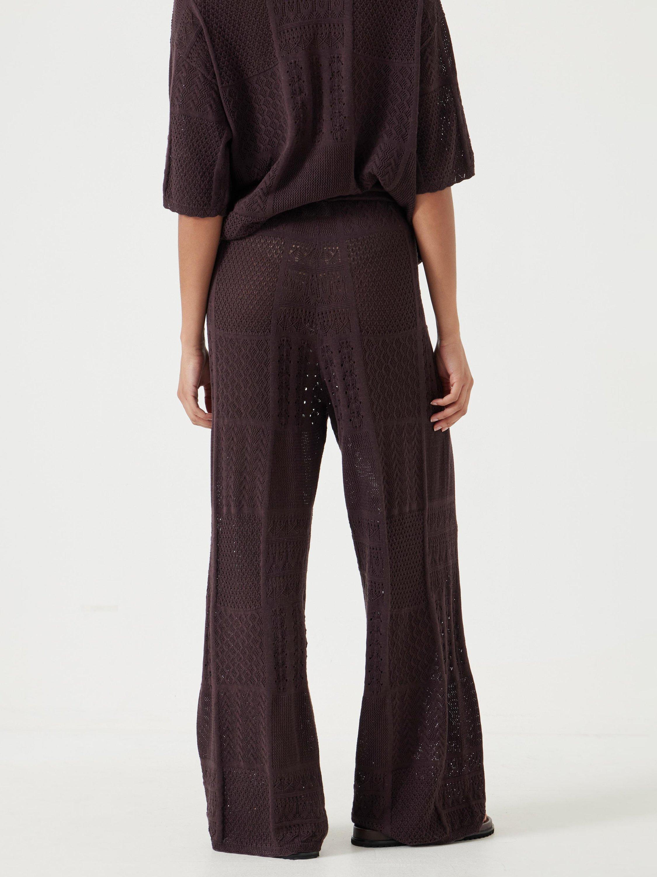 Product image 3 of 6, which shows Hush Patchwork Stitched Wide Leg Knitted Cotton Blend Trousers, Chocolate Torte, XS-S